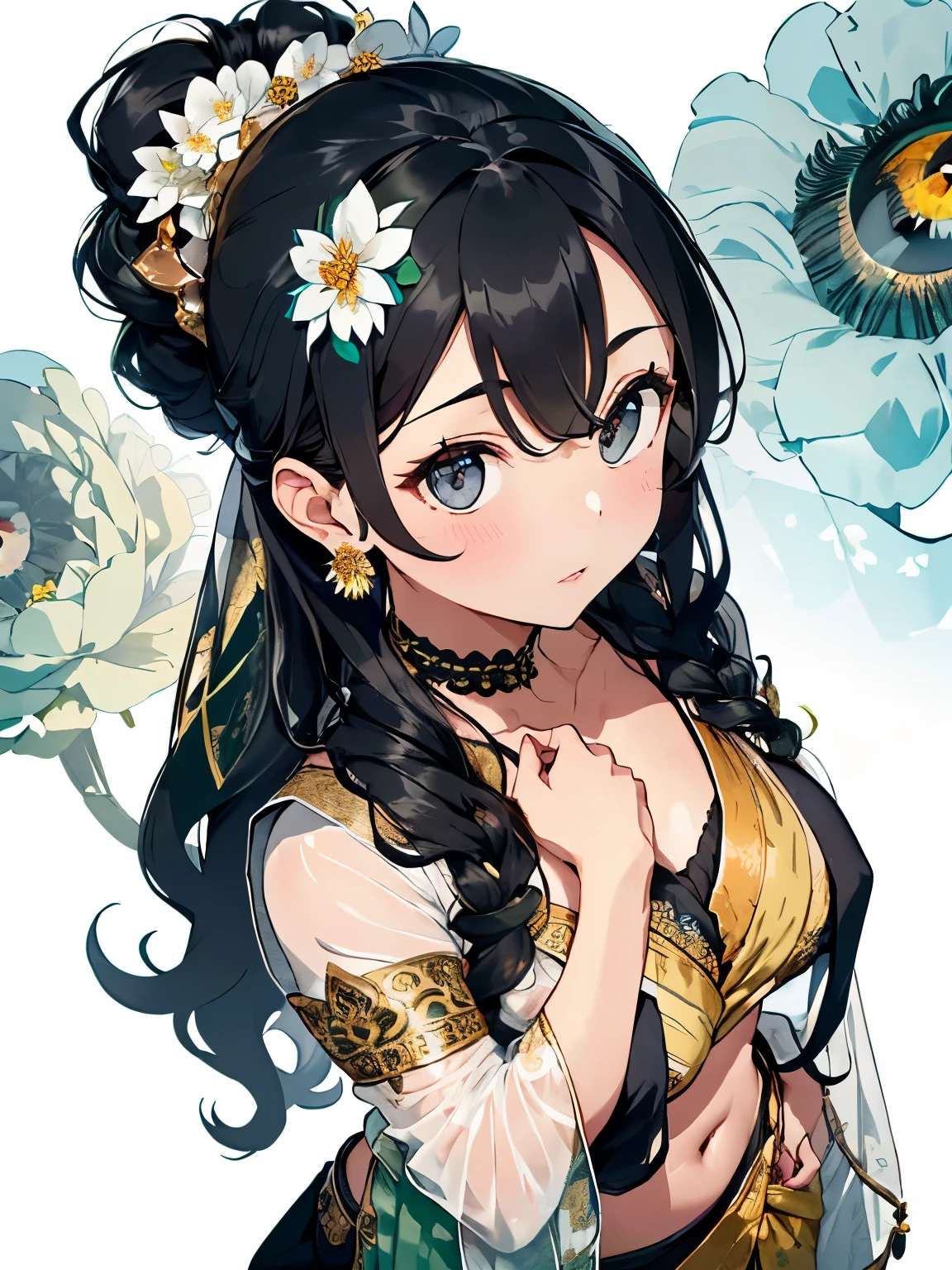 (black hair:1.2),(long hair with curls:1.3),(hair tied up loosely:1.25),(All together:1.3),(black eye:1.4),(Eye size:1.5),(Accessories with flower motifs:1.3),((Saree fashion:1.4)),(sheer sleeve:1.4),(Fluffy skirt:1.35),(Background full of blooming flowers:1.5),(blush),(upward glance:1.3),(small breasts:1.4),(close up of face:1.25),((Paw pose:1.3)),(look up:1.25),((perspective from above:1.3)),(fashion color White、Blue、green 、gold:1.3)