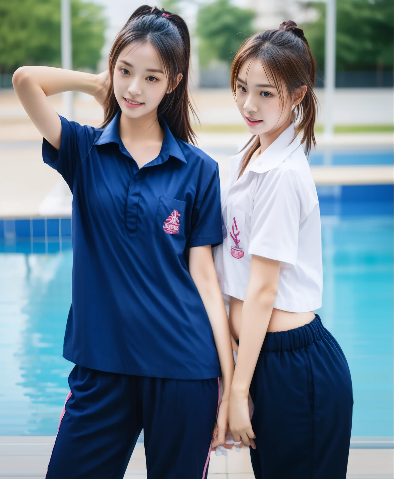2 young women in the swimming pool, Navy blue short-sleeved shirt,Navy Long Trackpant,Sweatpants, Sweatpantsขายาว,25 year old girl, lesbian, sexy, exercise clothes, Sweating, เหงื่อsexy, Sexual arousal, wet body