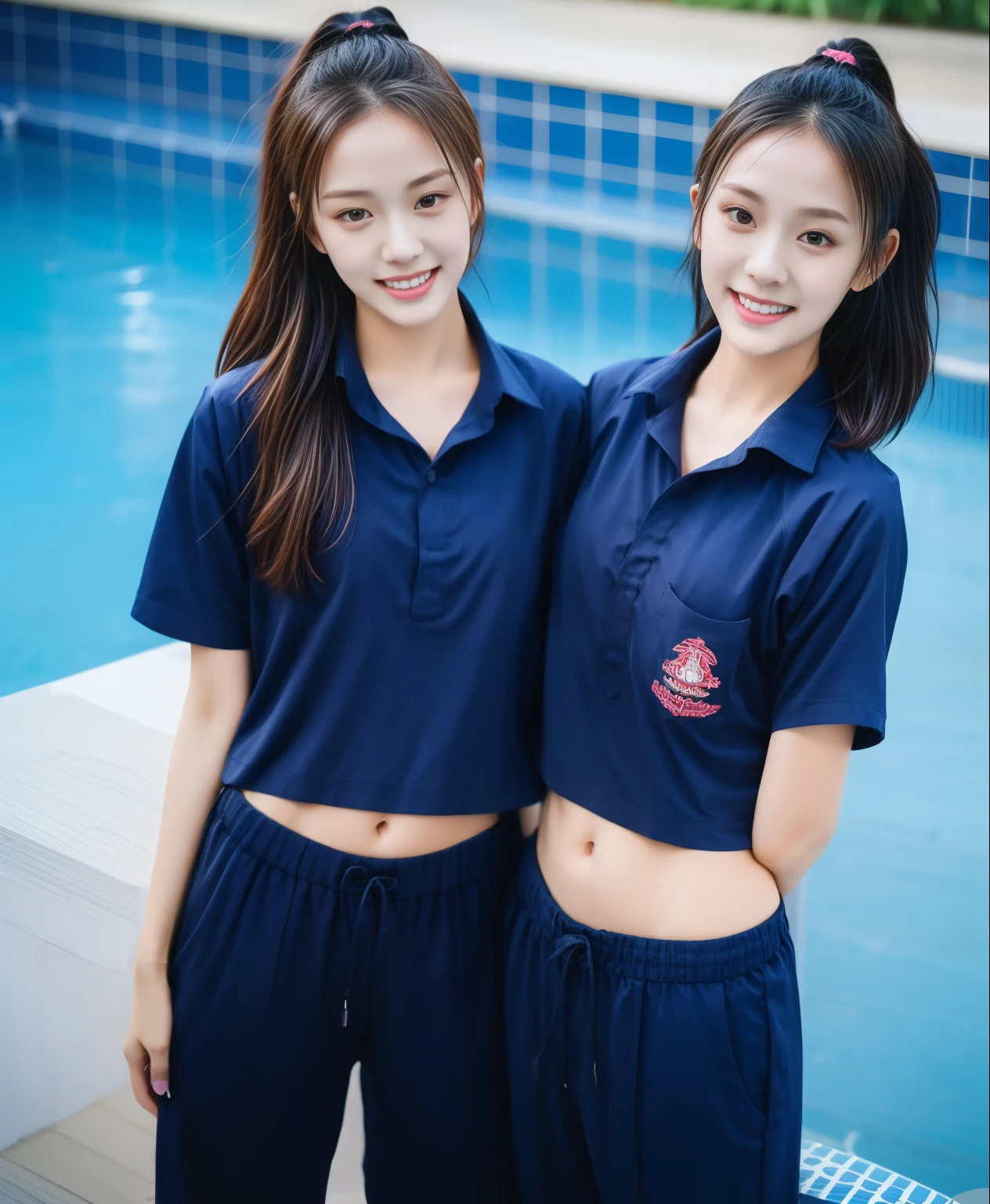 2 young women in the swimming pool, Navy blue short-sleeved shirt,Navy Long Trackpant,Sweatpants, Sweatpantsขายาว,25 year old girl, lesbian, sexy, exercise clothes, Sweating, เหงื่อsexy, Sexual arousal, wet body