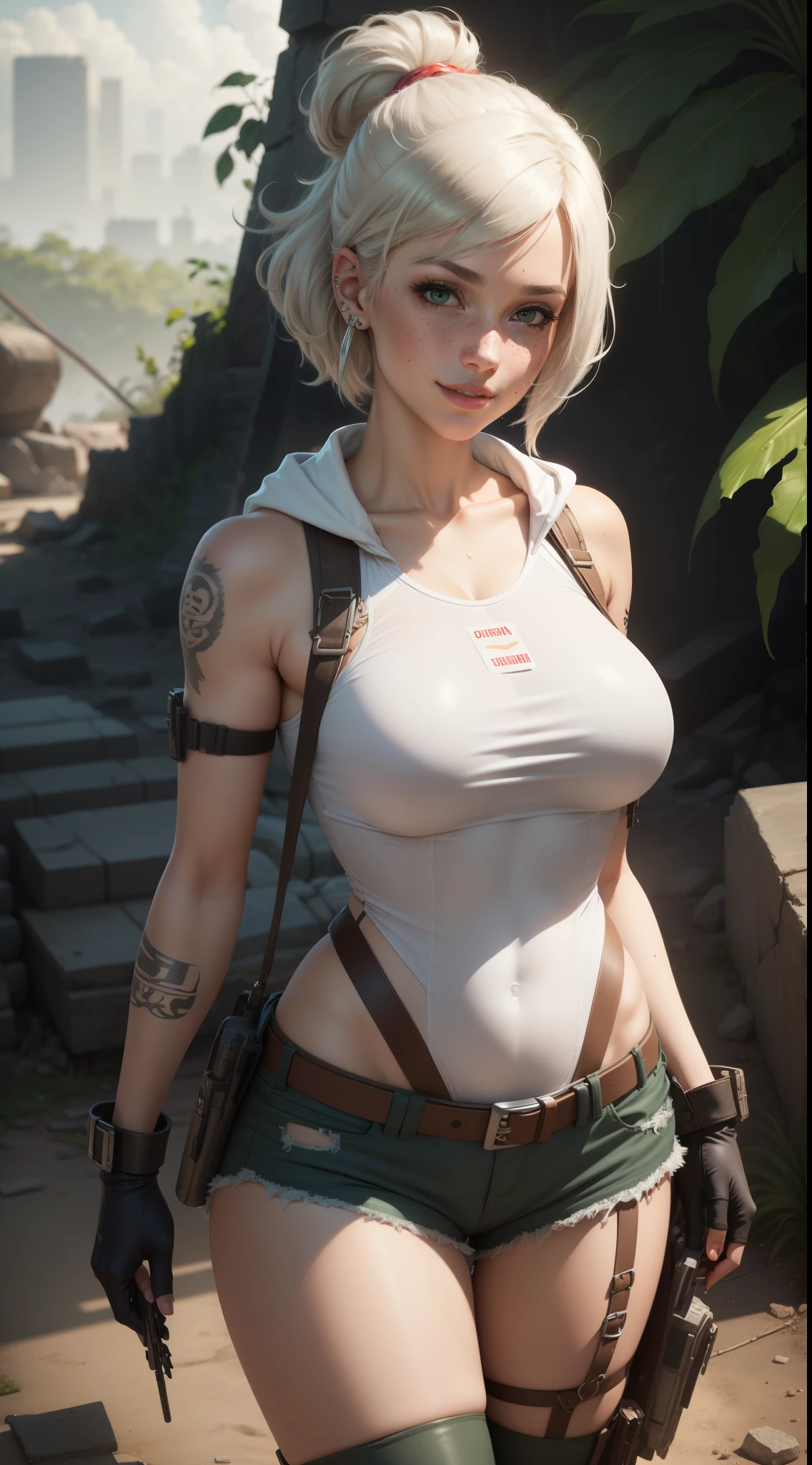 gwen tennyson,yorha 2b,android 18,lara croft,overwatch,tomb raider,close up, amazonian jungle ruins,tattoos,white and orange plugsuit,white short sleeve military leotard,sleeveless military hoodie,tight cargo shorts,military harness,short hair,punk makeup,green eyes,multicolored silver hair, military gloves,sexy smile,freckles,beautiful girl,thigh high military boots,large breasts, 8k,ultra detailed,realistic,fantasy art,fighter stance, military uniform,hair pin,ear piercings,(weather:windy),1girl,military gear,wet shirt,