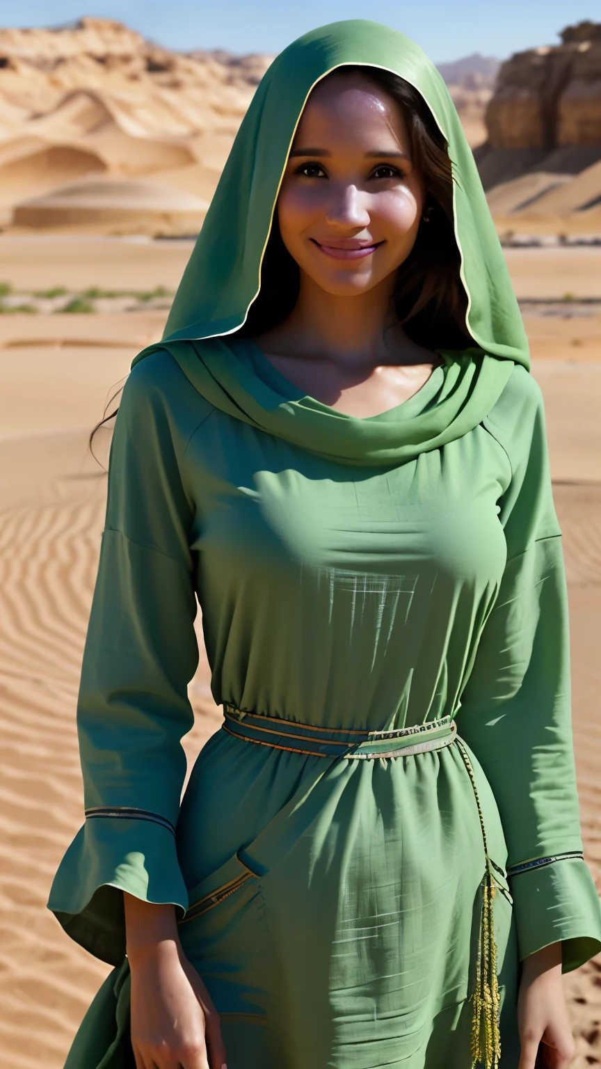 Foto hiperrealista en primer plano de Kelsey Asbille,  Create dystopian masterpieces, in a full cover bedouin costume (light green tunic) on the desert, beautiful woman, skinny, large big breasts, black long hair, detailed face, smile, facing the camera, photo taken from a distance, age of 25 years old