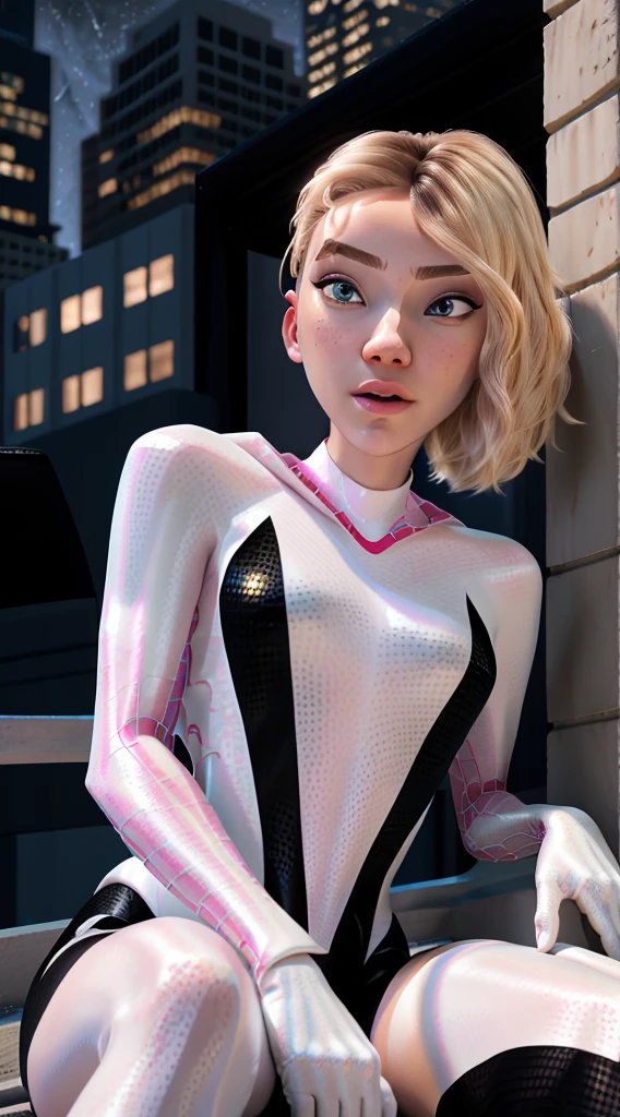 (Masterpiece), ((Best quality)), parted lip, Light_Smile, Cinematic lighting, Ultra-realistic, ((Realistic)), (gwen stacy), Blonde_Hair, short_Hair, Solo, side cut, asymmetrical_Hair, parted_Lips, eyebrow_Piercing, (Detailed face), Aesthetics 1 girl, Look pitifully at the audience, (Beautiful detailed eyes), tightsuit, spider-suit, White sweater, Portrait, full bodyesbian, (side of head shaved),  Kneeling, posed for photo, spread their legs, Thin legs, Bokeh, Depth of field, intricately detailed background, En plein air, skyscrapper, (Night:1.6), NSFW, photo-realistic, a Pretty Japanese woman, (Perfect detailed face), Detailed eyes, Detailed mouth, Detailed pale skin, Black hair, Fascinating, Seductive, Alluring, Mature face, bangs，from below