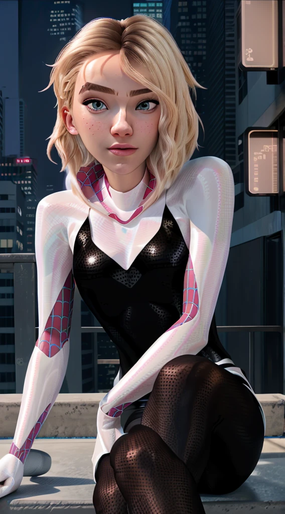 (Masterpiece), ((Best quality)), parted lip, Light_Smile, Cinematic lighting, Ultra-realistic, ((Realistic)), (gwen stacy), Blonde_Hair, short_Hair, Solo, side cut, asymmetrical_Hair, parted_Lips, eyebrow_Piercing, (Detailed face), Aesthetics 1 girl, Look pitifully at the audience, (Beautiful detailed eyes), tightsuit, spider-suit, White sweater, Portrait, full bodyesbian, (side of head shaved), Kneeling, posed for photo, spread their legs, Thin legs, Bokeh, Depth of field, intricately detailed background, En plein air, skyscrapper, (Night:1.6), NSFW, photo-realistic, a Pretty Japanese woman, (Perfect detailed face), Detailed eyes, Detailed mouth, Detailed pale skin, Black hair, Fascinating, Seductive, Alluring, Mature face, bangs,from below