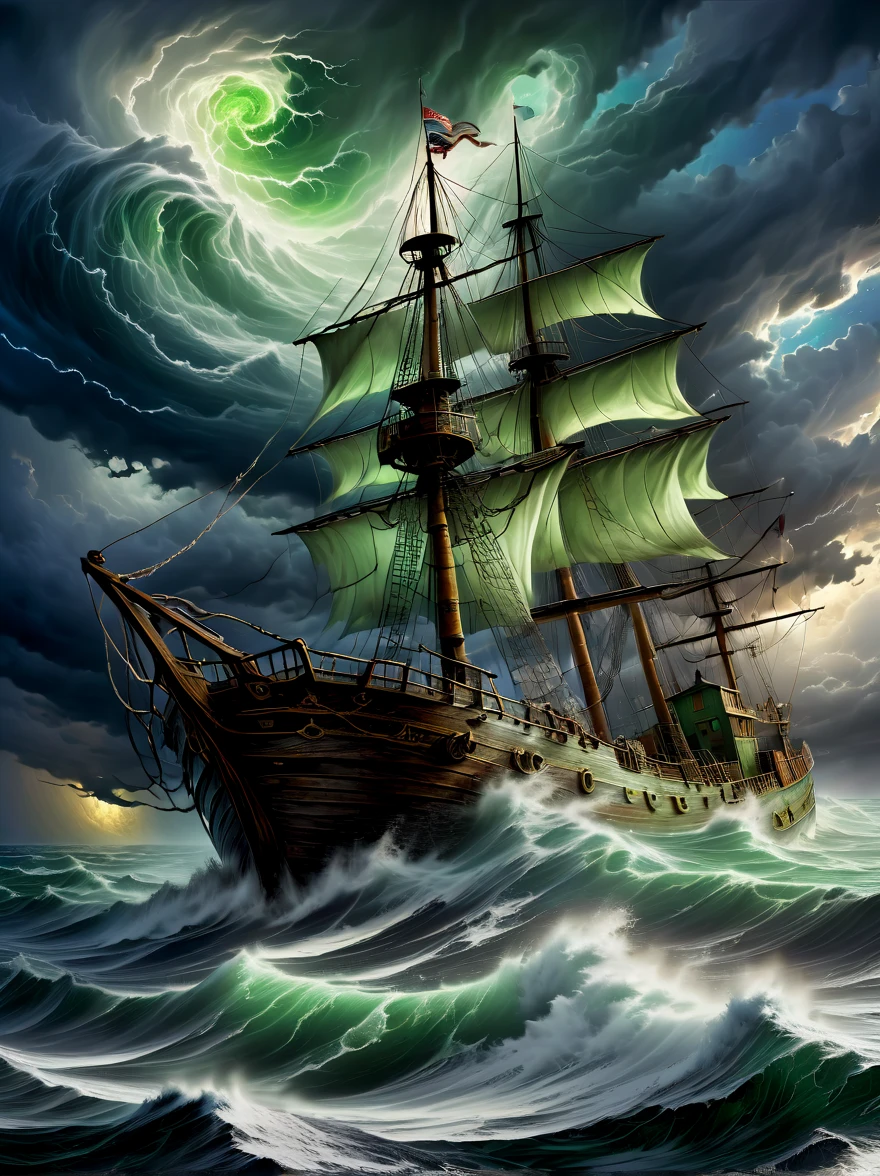 (A detailed oil painting),((Depicts an old captain steering his ship through a storm))。Salt water splashed on his weathered face,His eyes are full of determination。((You can see the rotating,fear,vicious clouds:1.5)),Rough waves threaten to swamp ships,while seagulls dive and swirl among the chaotic landscape,Thunder and lights are heard in the distance,(illuminates the scene with an eerie green glow)。