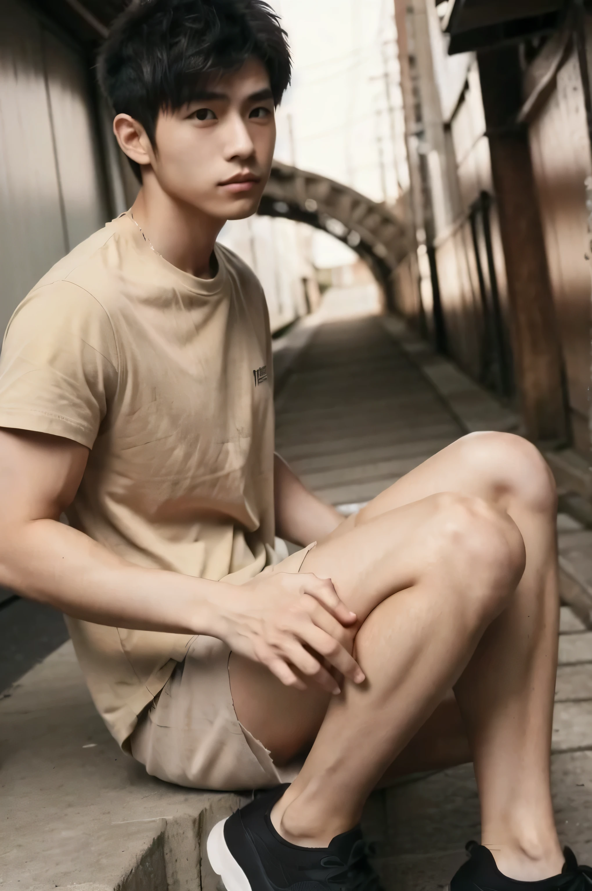 (super sharp focus), (((hairy legs))), hairy legs, toned legs, whole body, two block, messy shortt hair, long legs, Japan Male, 27 years old, wearing beige shorts, wearing a black T-shirt, very short hair, black hair