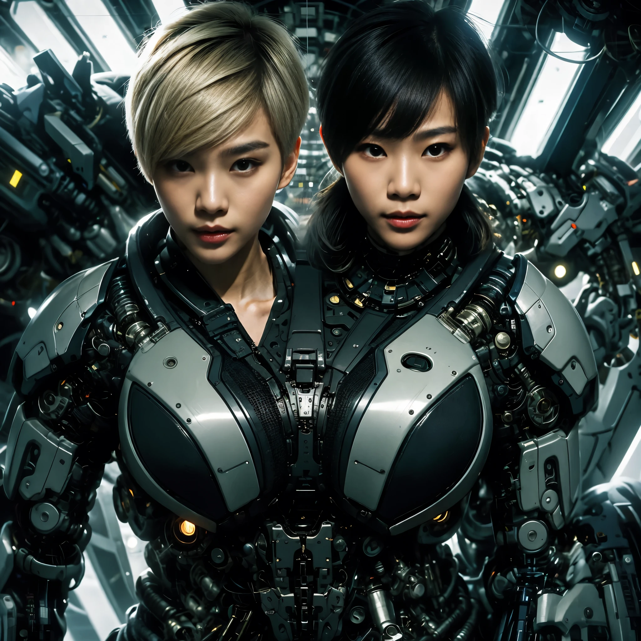 best resolution, 2heads, asian cyborg woman with two heads, pixie cut, ponytail, blonde hair, futuristic jacket, mechanical background