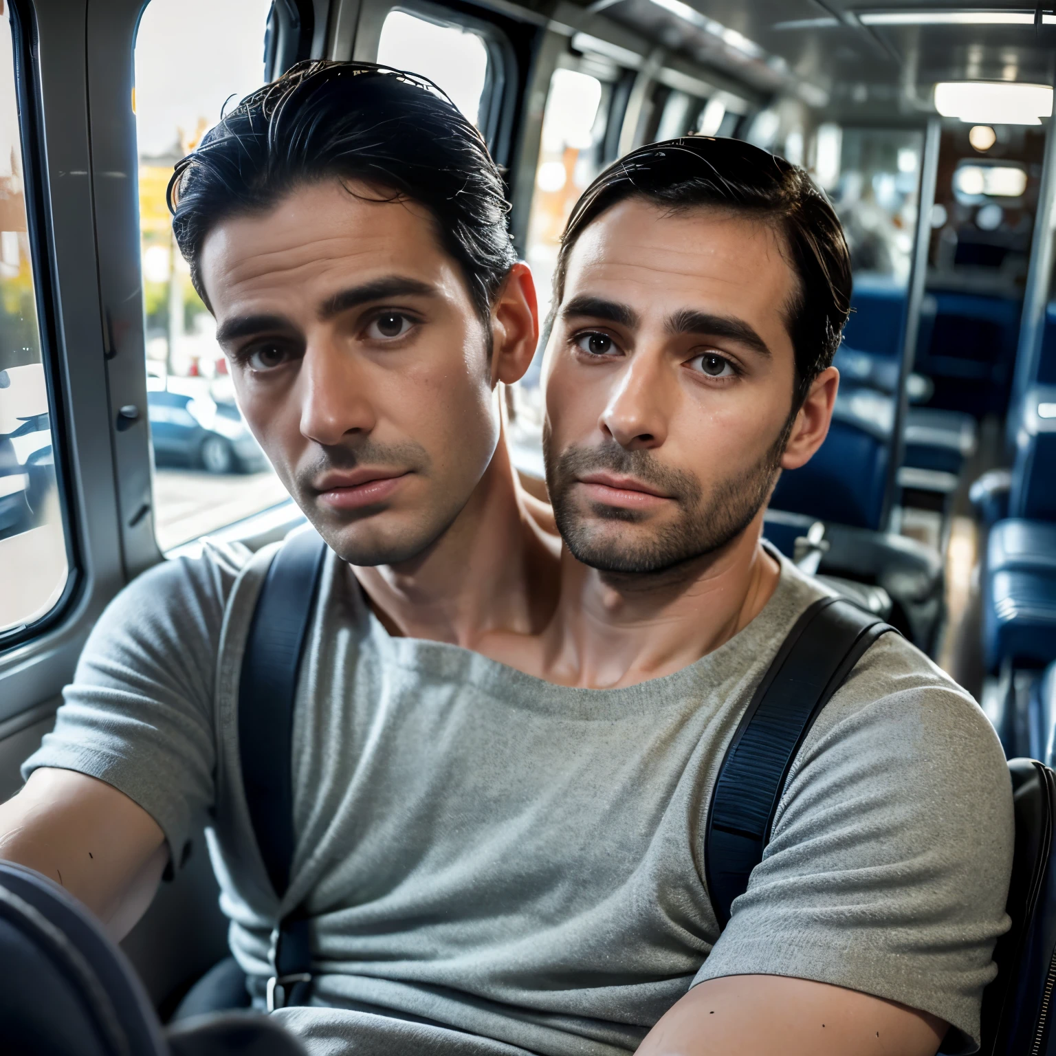 2heads:1.5, chilean guy, French guy, 37 years old, emo, skinny, sleepy,  wearing a work uniform, backpack on lap,, delicate body hair visible, visible acne on forehead, napping while sitting on a busy metro, very detailed and realistic skin with some body hair on arms, some  blemishes on face, acne,pov, looking away into the distance,dull artificial lighting,, taken from 15 feet away, conjoined dicephalus