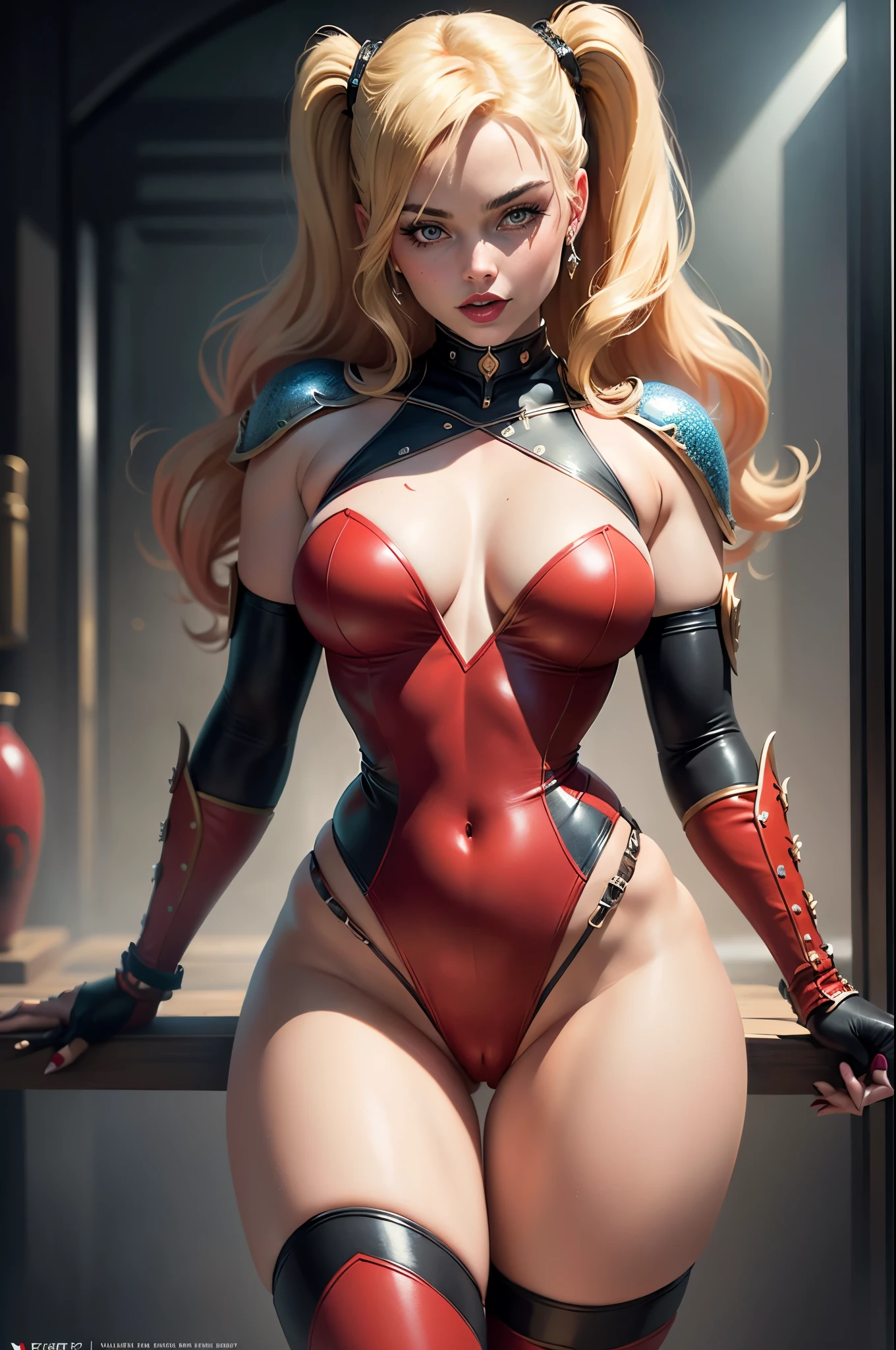 harley quinn, Margot Robbie, vulgar pose, thick thighs, Camel toe, Crotch bite, red and black costume, ((best quality)), ((masterpiece)), (detailed), (fantasy illustration:1.3), (high-resolution:1.2), NSFW