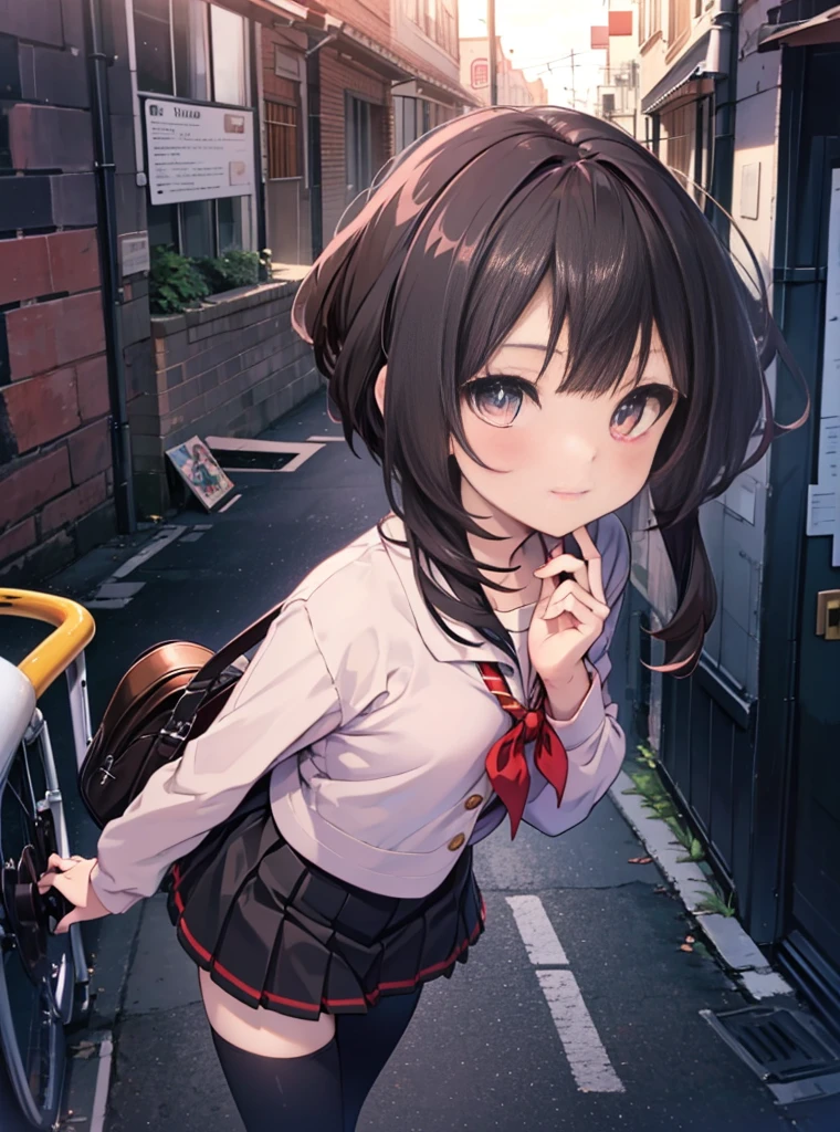 Megumin,Megumin,1 girl, alone, black hair,short, red eyes, real face,looking at the viewer, blush,smile,student uniform,Black sailor suit,Pink cardigan,Black pleated skirt,Gray pantyhose,brown loafers，Schoolback,In town,Coming to school,walking,(masterpiece:1.2), highest quality, High resolution, unity 8k wallpaper, (figure:0.8), (beautiful and fine eyes:1.6), highly detailed face, perfect lighting, Very detailed CG, (perfect hands, perfect anatomy),