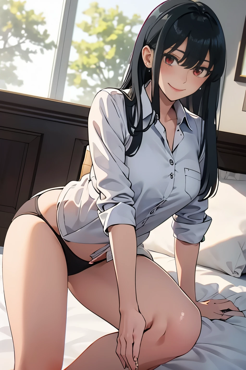 masterpiece、highest quality、High resolution、1 girl、low length、barefoot、(((Yor Forger、jet black hair、red eyes)))、detailed depiction of the face、blush、shy smile、See here、sexual expression、(Lying in bed、lean back)、slender、muscular、thin legs、(((White formal shirt、bedroom、panties with detailed decorations)))、Super perspective、wide shot、foreshorten、fighting stance、Photograph her from below、lie down with legs spread