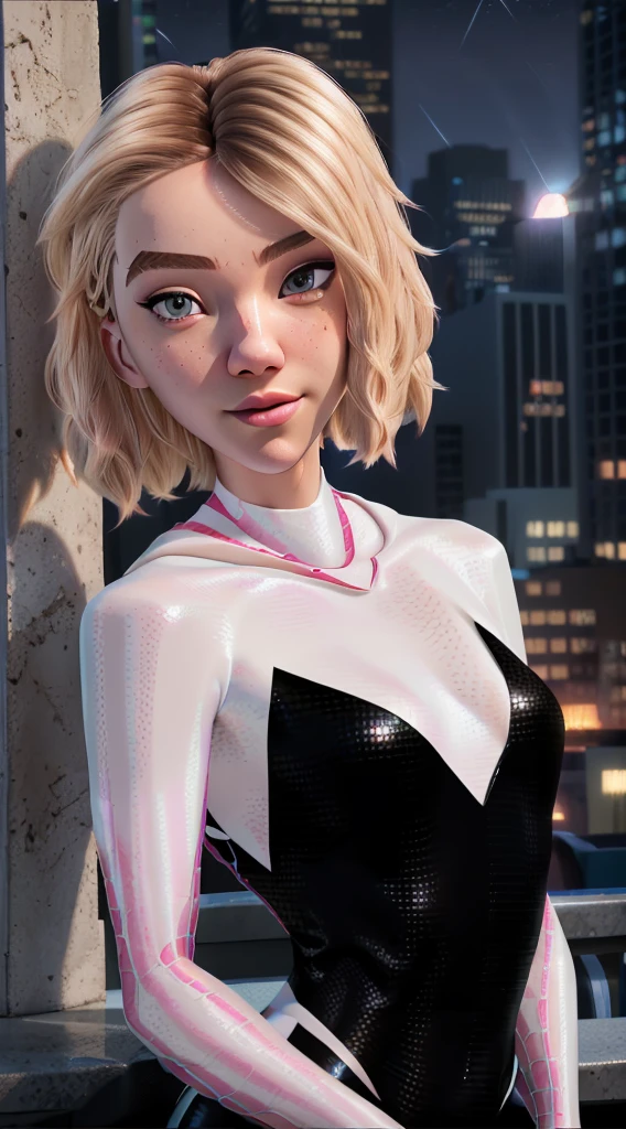 (Masterpiece), ((Best quality)), parted lip, Light_Smile, Cinematic lighting, Ultra-realistic, ((Realistic)), (gwen stacy), Blonde_Hair, short_Hair, Solo, side cut, asymmetrical_Hair, parted_Lips, eyebrow_Piercing, (Detailed face), Aesthetics 1 girl, Look pitifully at the audience, (Beautiful detailed eyes), tightsuit, spider-suit, White sweater, Portrait, full bodyesbian, (side of head shaved),  Kneeling, posed for photo, spread their legs, Thin legs, Bokeh, Depth of field, intricately detailed background, En plein air, skyscrapper, (Night:1.6), NSFW, photo-realistic, a Pretty Japanese woman, (Perfect detailed face), Detailed eyes, Detailed mouth, Detailed pale skin, Black hair, Fascinating, Seductive, Alluring, Mature face, bangs，from below