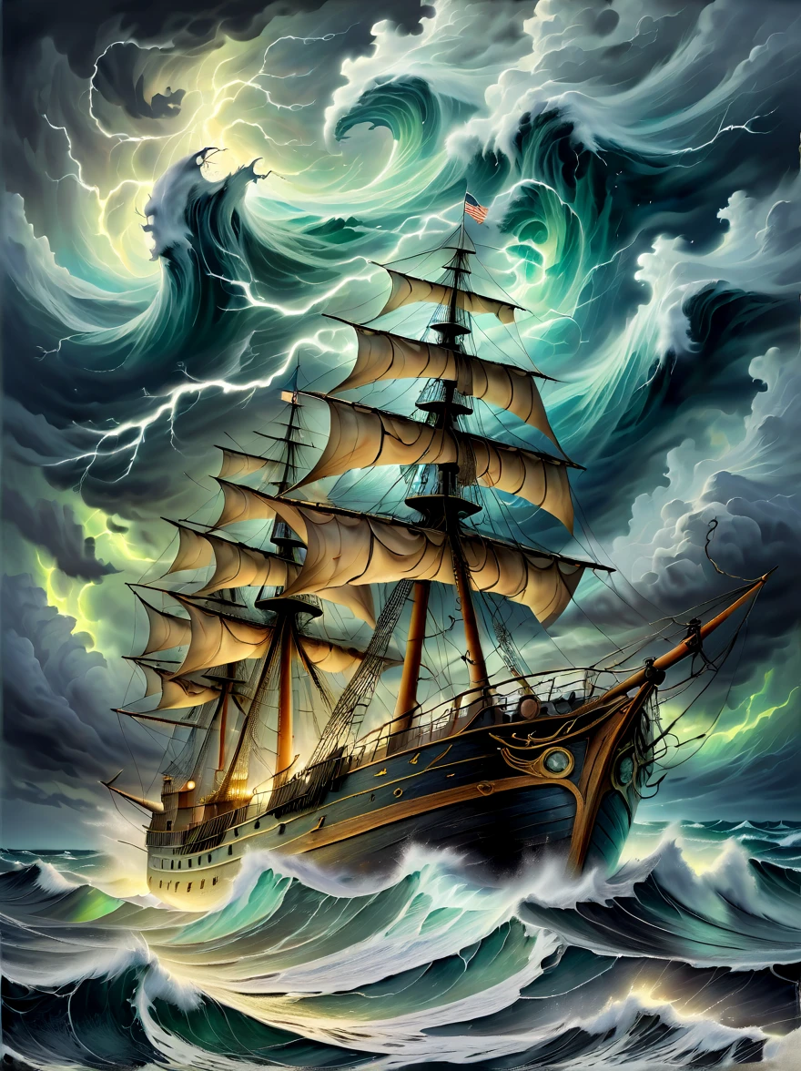 A detailed oil painting of an old sea captain, (steering his ship through a storm). Saltwater is splashing against his weathered face, determination in his eyes. Twirling malevolent clouds are seen above and stern waves threaten to submerge the ship while seagulls dive and twirl through the chaotic landscape. Thunder and lights embark in the distance, ((illuminating the scene with an eerie green glow)).