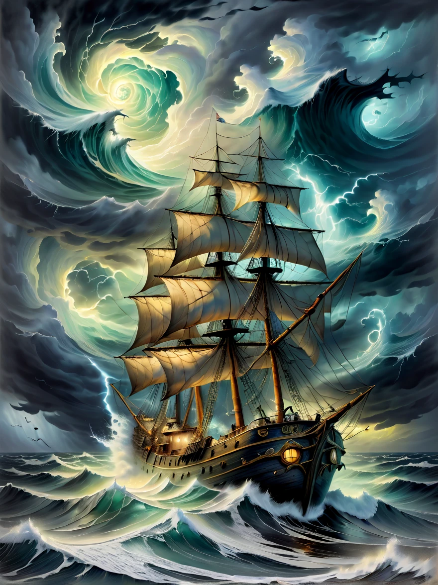 A detailed oil painting of an old sea captain, (steering his ship through a storm). Saltwater is splashing against his weathered face, determination in his eyes. Twirling malevolent clouds are seen above and stern waves threaten to submerge the ship while seagulls dive and twirl through the chaotic landscape. Thunder and lights embark in the distance, ((illuminating the scene with an eerie green glow)).