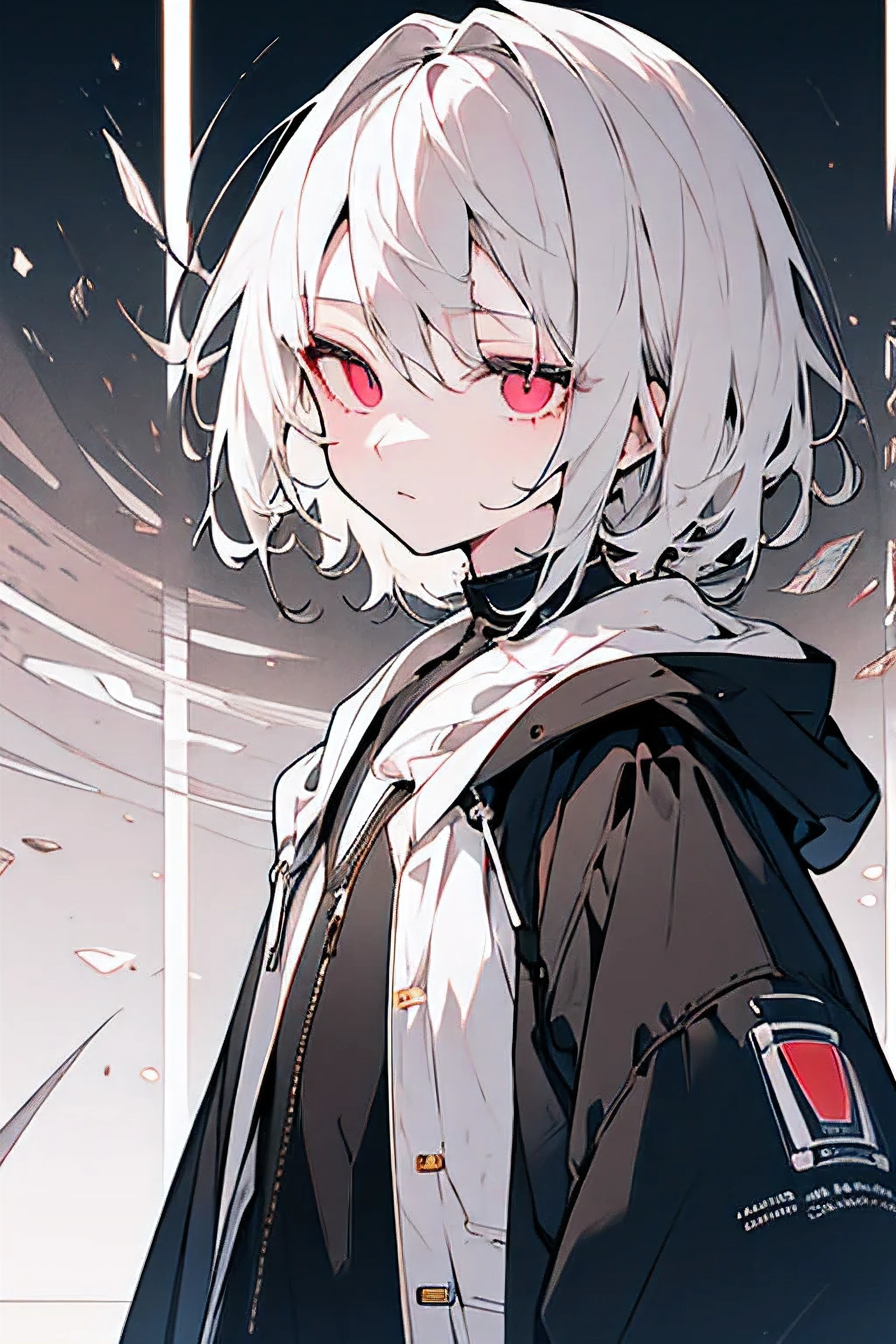 masterpiece, masterpiece, distinct, outstanding quality, high quality, masterpiece, perfect details, high detail, Perfect body, look ahead, soio, white short hair, Dark red eyes, look ahead, lifeless eyes, empty eyes, expressionless, Melancholy, Dreamy, haziness, feminine boy, large hooded jacket