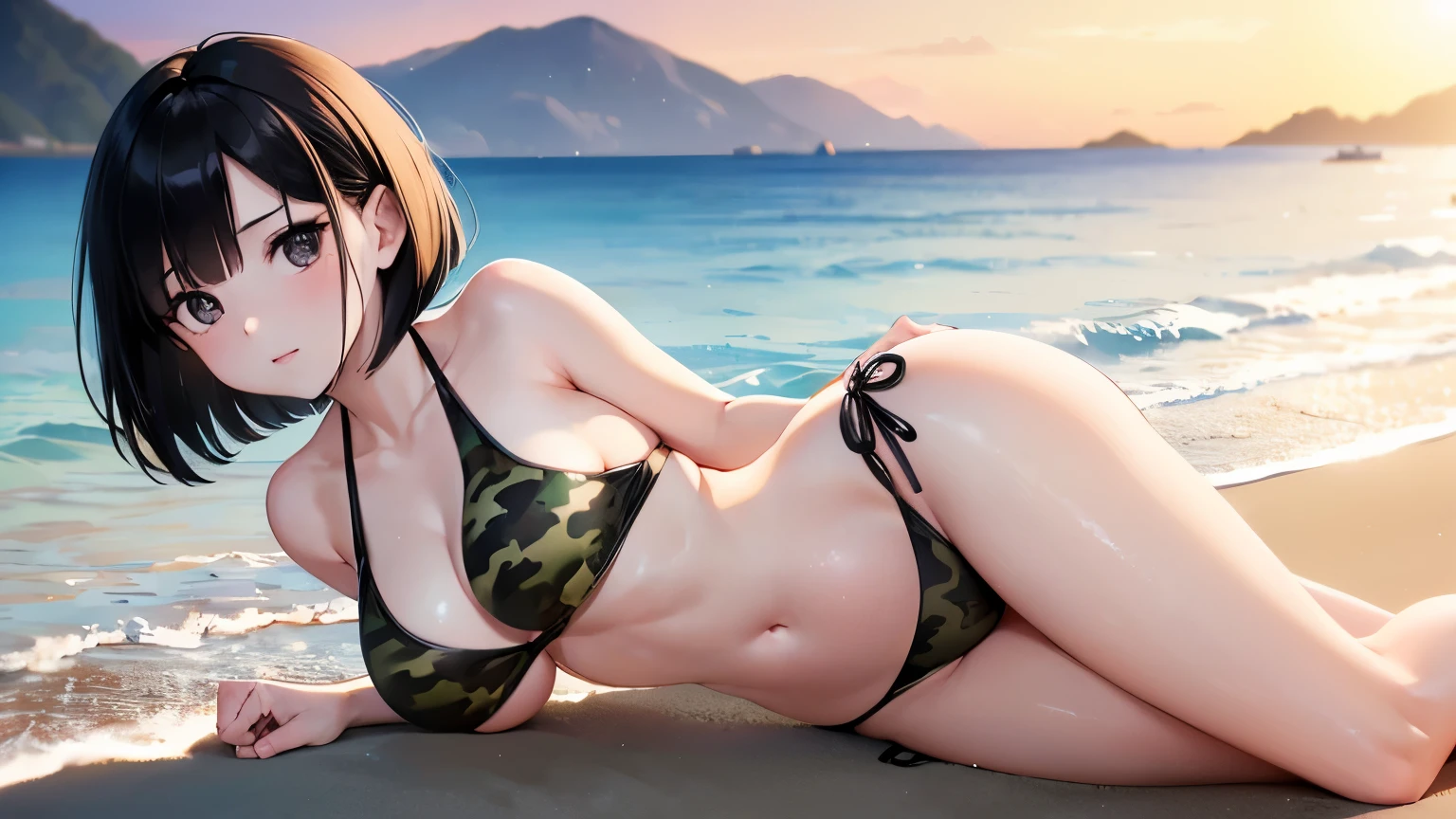 High resolution 8K, Bright light illumination, lens flare, sharpness, masterpiece, top-quality, The ultra -The high-definition, high resolution, extremely details CG, Anime style, Film Portrait Photography, 1woman, Beautiful Women, full body, (((Black eyes, Short bob hair, Black hair))), ((woman wearing halter-necked bikini)), ((Camouflage bikini, High-waist Camouflage bikini)), Woman in the sunset beach, sunset sky, (Natural skin texture Vibrant details, hyper realistic)