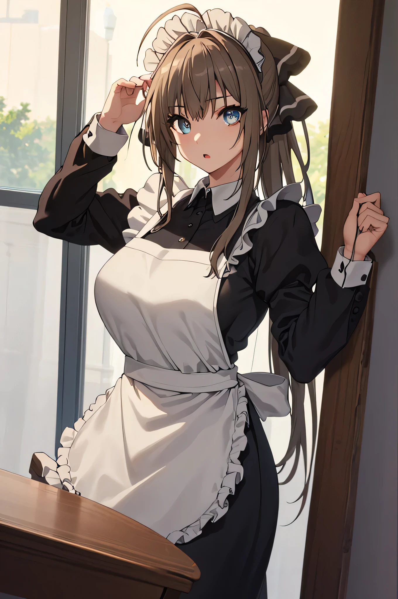 SentoIsuzu,brown hair, brown eyes, long hair, antenna hair, ponytail, hair bow,large breast, BREAK (maid headdress, maid, long sleeves, collared shirt, black shirt, maid apron:1.2), BREAK (masterpiece:1.2), best quality, high resolution, unity 8k wallpaper, (illustration:0.8), (beautiful detailed eyes:1.6), extremely detailed face, perfect lighting, extremely detailed CG, (perfect hands, perfect anatomy),(finely detailed beautiful eyes: 1.2),