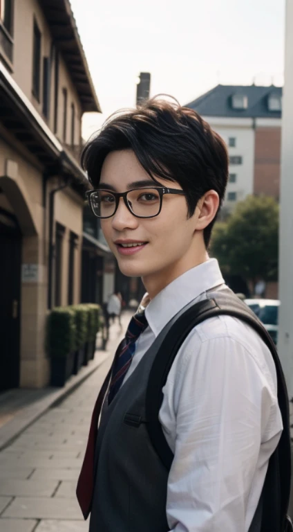 Realiy, realistically, film image quality, Super Detail, super quality, супер HD, Typical male college student, Азиатские Boys, Middle aged boys, with short black hair, brown glasses, double eyelid, in school uniform, Carry a school bag, smile, Face full of joy, Sun, Boys