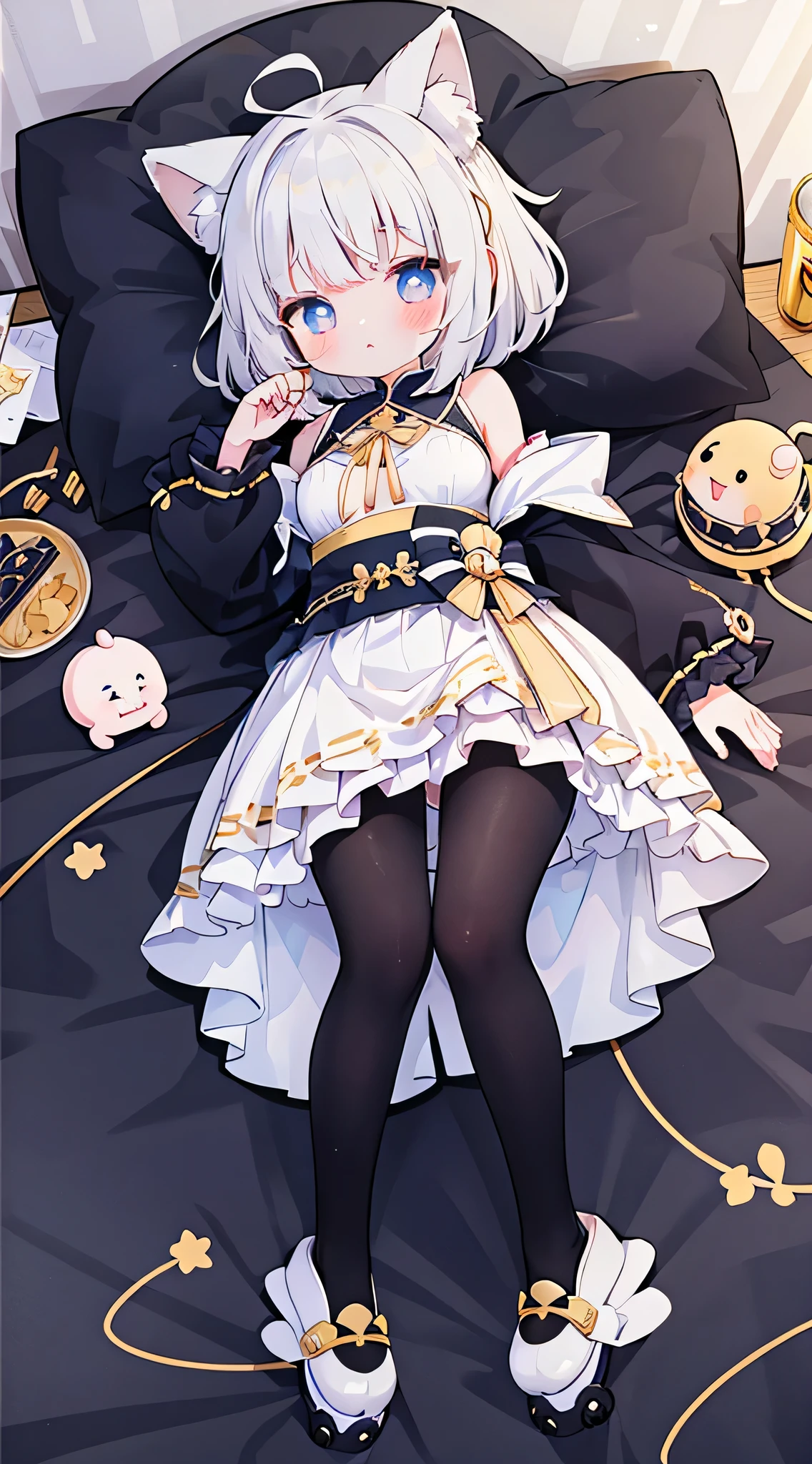 a girl、((Wear roller skates,There are a pair of small wings on the shoes)),Take a photo pose,Short hair with double ponytail,shy,blush、masterpiece、Top image quality、top quality,animal ears,white hair,((white or black pantyhose))、exquisite eyes、beautiful girl、Plump cheeks、puffy sleeves、(((cheongsam)))、ribbon、kawaii、、black leg rings,(Off the shoulders,Show your waist),cute big breasts,sceptre,swimsuit,Hairpins,Bangs,(((Wear knee pads and elbow pads))),Lying in bed,was raped