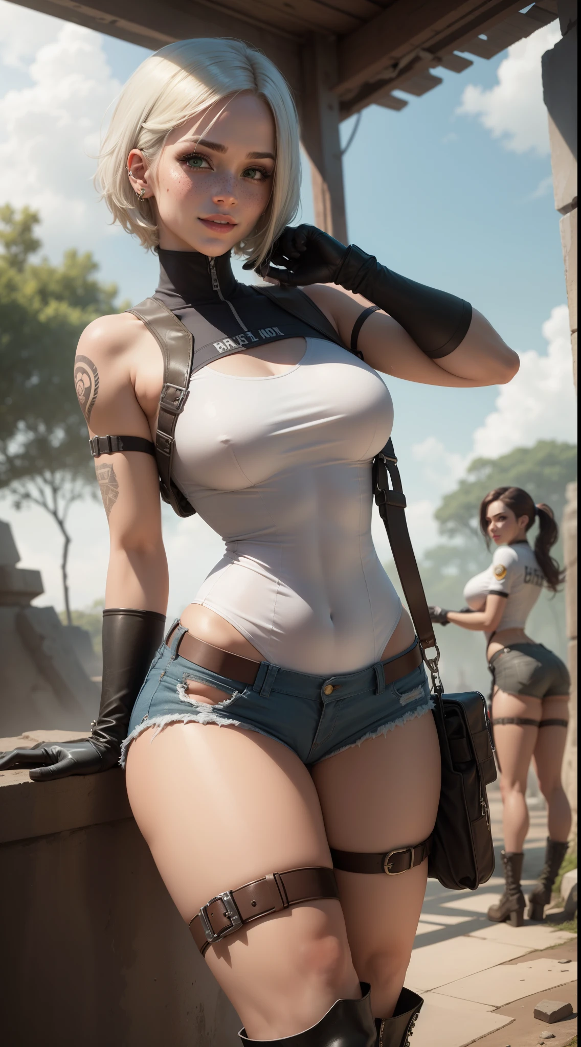 gwen tennyson,yorha 2b,android 18,dva,lara croft,overwatch,tomb raider,close up, amazonian jungle ruins,tattoos,white and orange plugsuit,white short sleeve military leotard,sleeveless military hoodie,denim  micro shorts,military harness,short hair,punk makeup,green eyes,multicolored silver hair, military gloves,sexy smile,freckles,beautiful girl,thigh high military boots,large breasts, 8k,ultra detailed,realistic,fantasy art,fighter stance, military uniform,hair pin,ear piercings,(weather:windy),1girl,military gear,wet shirt,