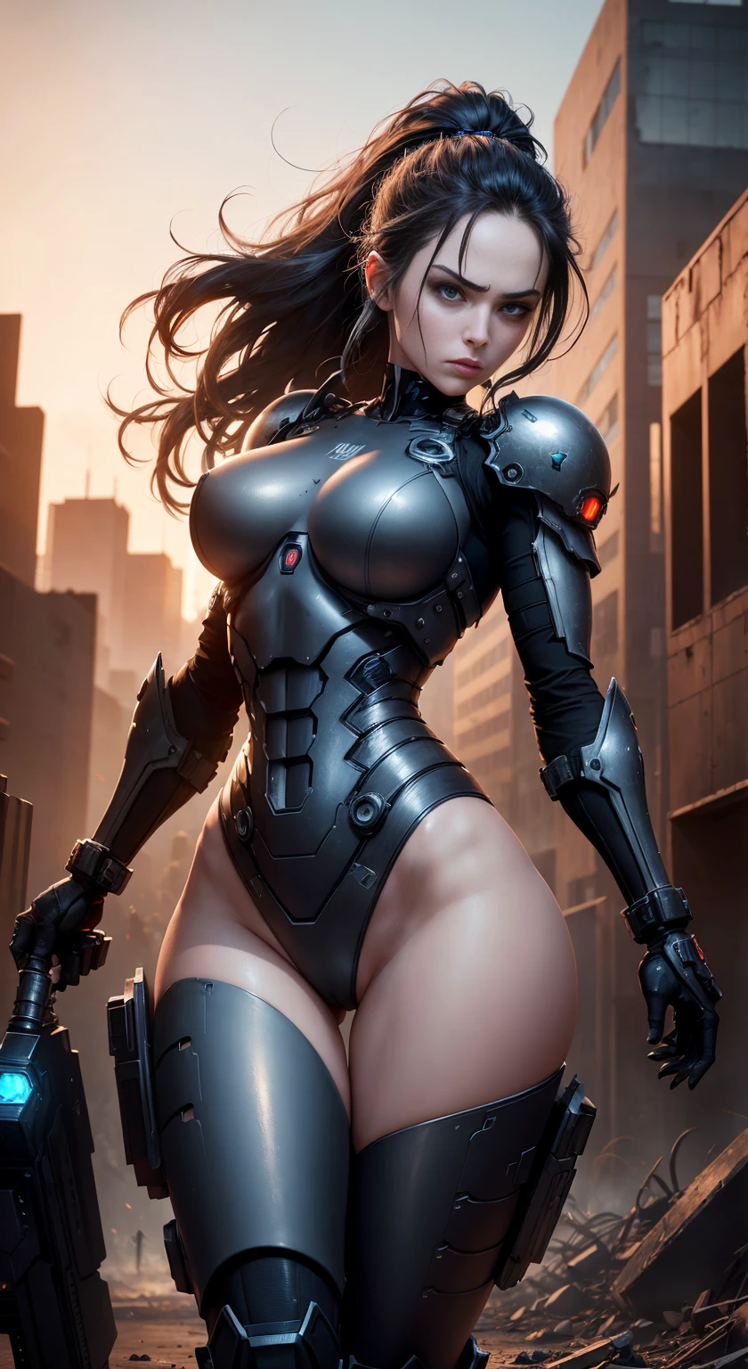 1 nude Lana Rhoades, nude Body, Cyberpunk, mecha-armored, Mechanical, (masutepiece: 1.4), (8K, Realistic, Raw photo, Best Quality: 1.4), nude mature woman, large full breasts, Beautiful cute face, (Real Face: 1.4), Perfect,nude, Beautiful hairstyle, Realistic eyes, Beautiful detail eyes, (Real Skin: 1.3), Beautiful skin, Attractive, Ultra High Resolution, A hyper-realistic, city ruins, Post-apocalyptic world, Cinematic lighting, black color hair, Long hair, twin ponytail, blue ribbons, Angry face, futuristic fantasy, Legs open, Bottom_View, Battle Pose