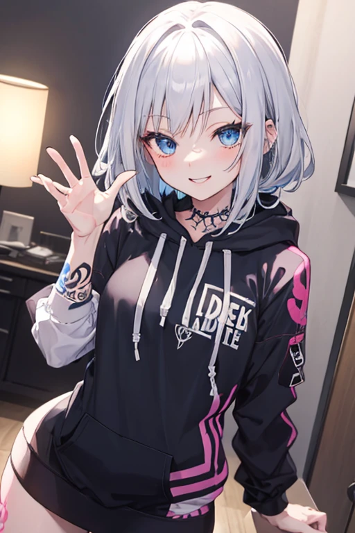 silver hair, blue eyes, anime girl with tattoos, perfect face, punk hoodie, dark bedroom, blushing and smiling, tall, hourglass figure