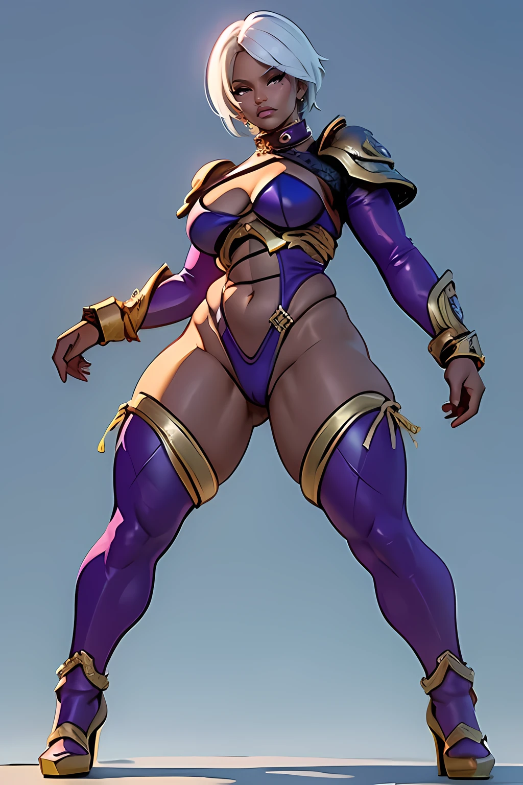 Nicki Minaj cosplaying as (Ivy from Soul Calibur), ((dark skin)), curly hair, looking at viewer, busty figure, (thick thighs) (medium breasts) well-defined legs, (chubby physique), frontal, full-length, looking at the camera, facing the audience, dynamic pose, background, three-dimensional light, sleek digital concept art, beautiful full body concept art, art trend, CGsociety full-length, view from below