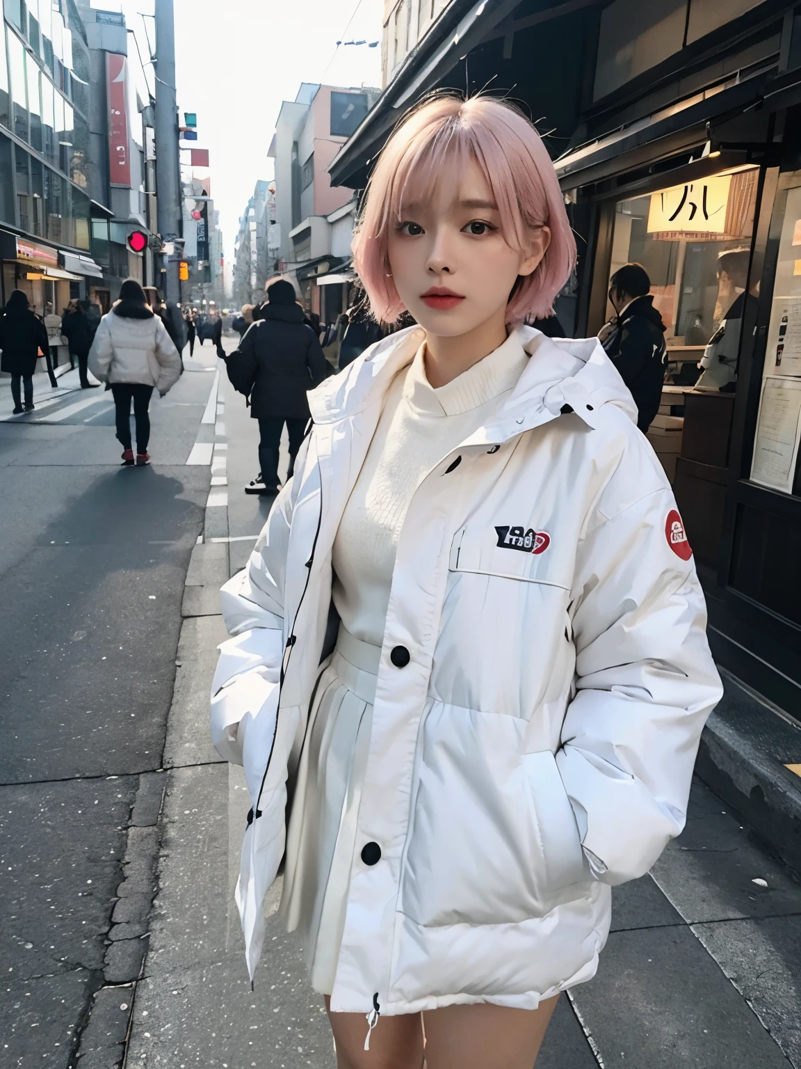 (((wearing big size white Down jacket ))), wearing long white skirt,// Bewitching eyes, well-balanced eyes, //street snap // ((facing viewer)), //at the street in tokyo, //japanese lady, pale skin, //droopy eyes,//short pink hair, //((standing)), high quality:1.3, Professional lighting:2.0 realistic:1.2, 4k resolution, detailed skin, masterpiece:1.1