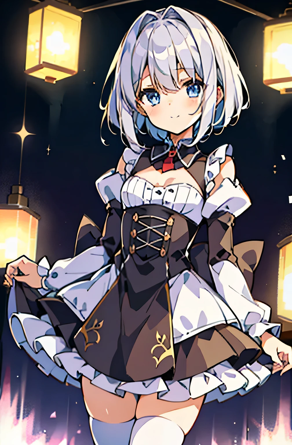 ((highest quality))、((8K))、((High resolution))、((masterpiece、Super detailed))、一人、(height 140cmlittle girl)、((Looking at the camera from the front))、((photo from the knees up))、((standing))、beautiful and delicate blue eyes、beautiful smooth silver hair、Fluffy short hair、gentle and adorable big eyes、smile、((Perfect and beautiful fingertips))、A wearing a silver magical girl costume、flat chest、(white stockings)