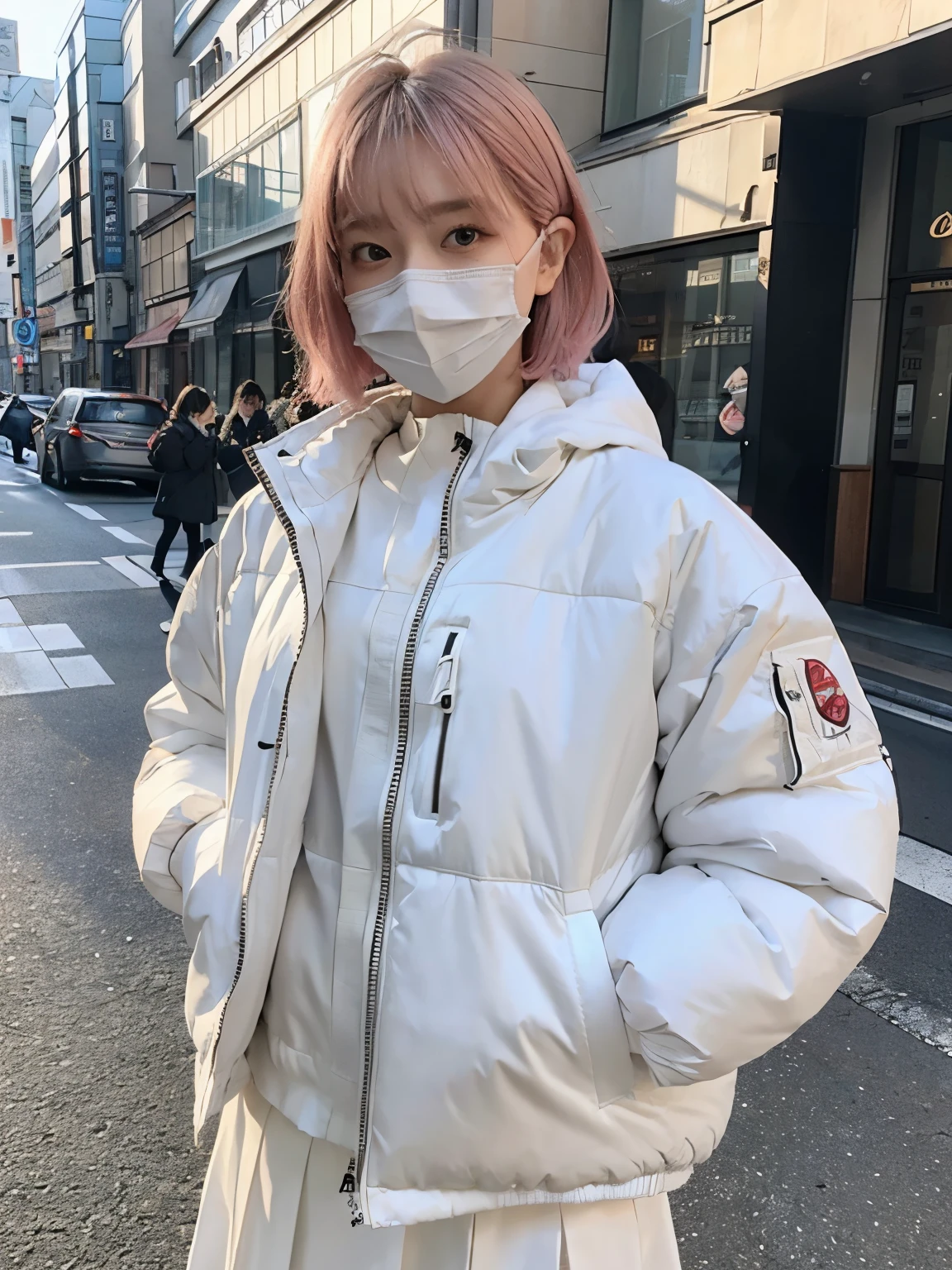 High quality, Ultra detailed, best quality, insanely detailed, beautiful, masterpiece//(((wearing nothface white Down jacket ))), wearing long white skirt,// Bewitching eyes, well-balanced eyes, //street snap // ((facing viewer)), //at the street in tokyo, //japanese lady, pale skin, //droopy eyes,//short pink hair, //((standing)), high quality:1.3, Professional lighting:2.0 realistic:1.2, 4k resolution, detailed skin, masterpiece:1.1