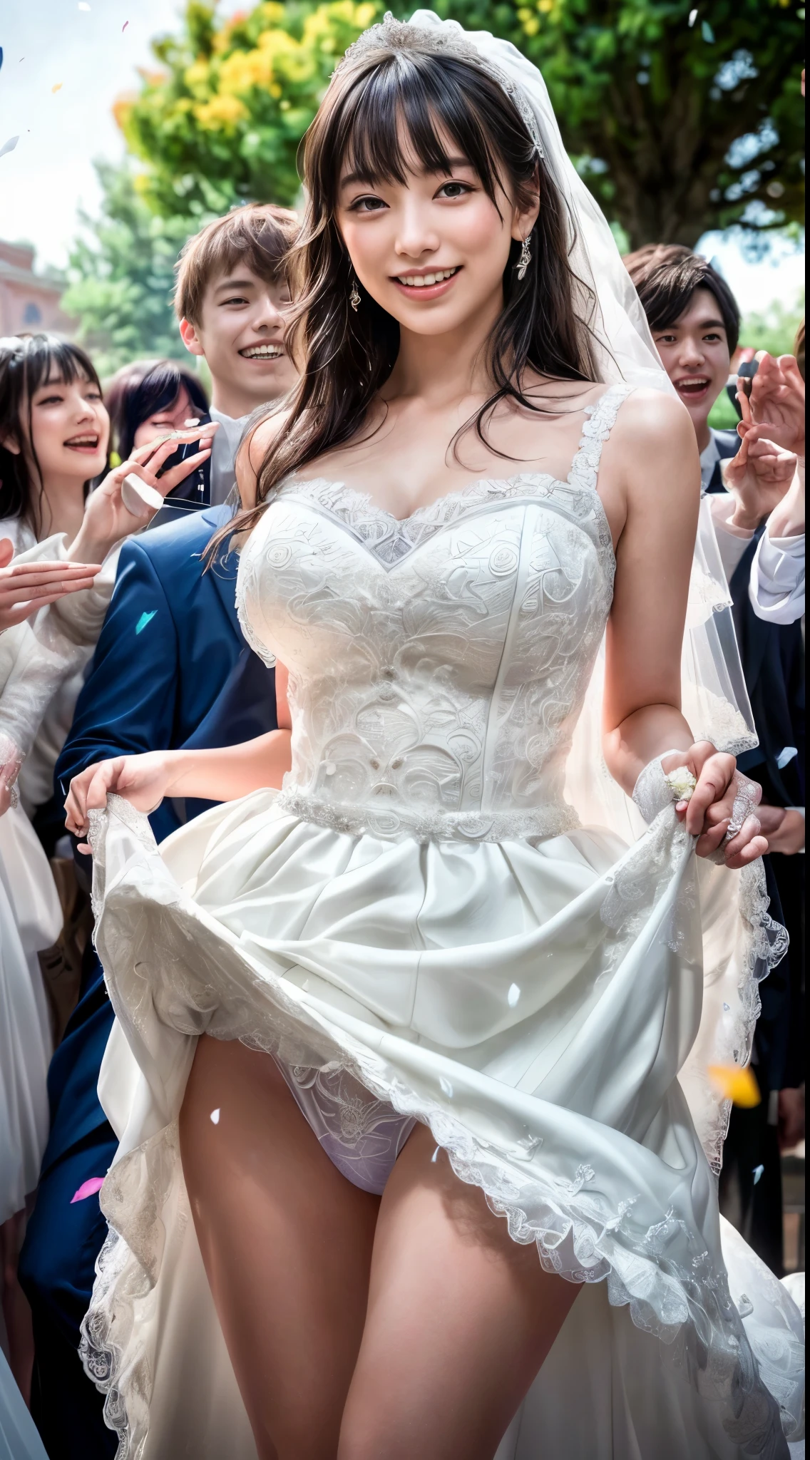 cowboy shot、(((happy face)))、the wind is blowing、In front of the church、sunny、Clear skies、confetti、Messy bowl cut hair with bangs、black hair、(((bride)))、((white wedding dress))、((wedding style))、(((happy wedding)))、highest quality,(RAW photo:1.2)、(realistic:1.4),(High resolution:1.4), 1 girl, Depth of bounds written,, intricately detailed,8K, very detailed, perfect lighting, epic background、((delicate pictures))，(女の子の詳細なRAW photo),(highest quality:1.6), (Super high resolution:1.5), (realistic:1.75), 8K resolution, Canon EOS R5, 50mm,  super detailed,cinematic lighting,(((skirt lift)))、((not wearing underwear))、lace gloves