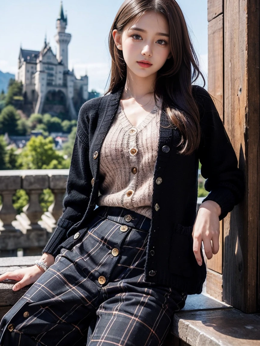 Masterpiece, Best Quality, Very Detailed, 8k, Photorealistic, soft focus, beautiful detailed eyes, detailed face, double eyelid, 1girl, solo, beautiful skin, real human skin, close-up shot, Half-body, (Black sweater:1.5), that clearly shows your body line, BREAK, (wide-leg plaid pants:1.4), BREAK, (Cherry-colored button-front blazer on top:1.4), erotic body, beautiful firm breasts, girl, beautiful girl, Japanese idol, medium hair, brown hair, a lustful smile, moist lips, Photographed with Neuschwanstein Castle in the background to include the entire view of the castle , NSFW