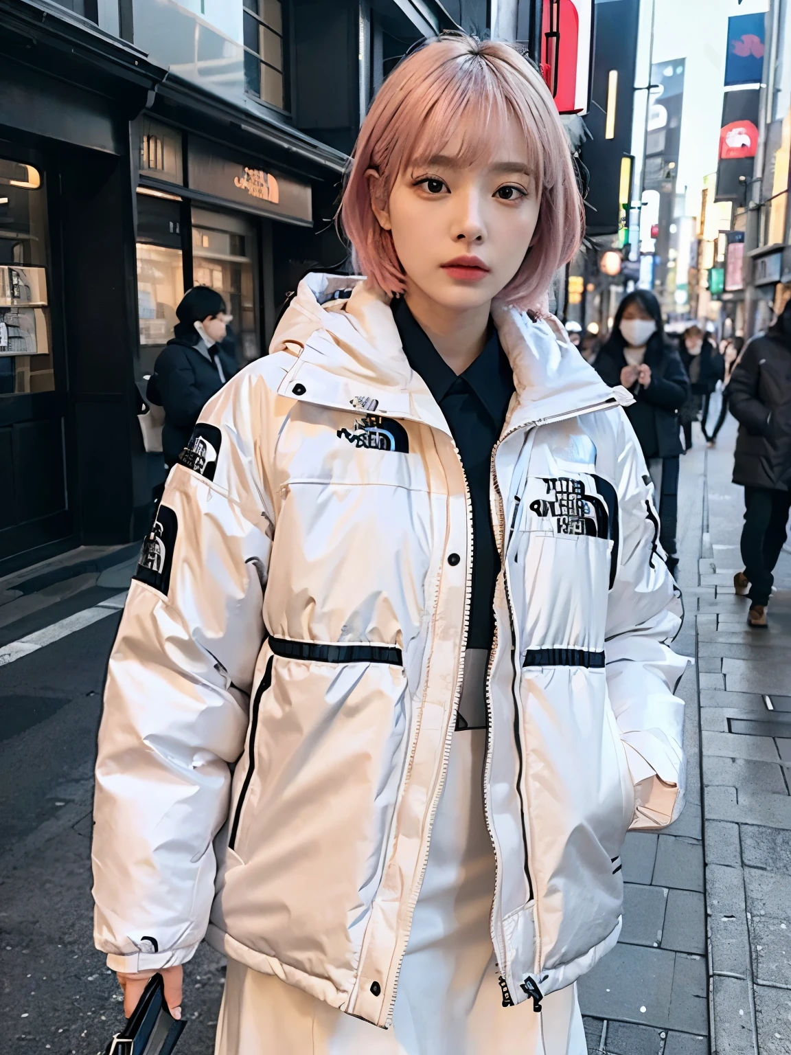 High quality, Ultra detailed, best quality, insanely detailed, beautiful, masterpiece//(((wearing THE NORTH FACE white Down jacket ))), wearing long white skirt,// Bewitching eyes, well-balanced eyes, //street snap // ((facing viewer)), //at the street in tokyo, //japanese lady, pale skin, //droopy eyes,//short pink hair, //((standing)), high quality:1.3, Professional lighting:2.0 realistic:1.2, 4k resolution, detailed skin, masterpiece:1.1