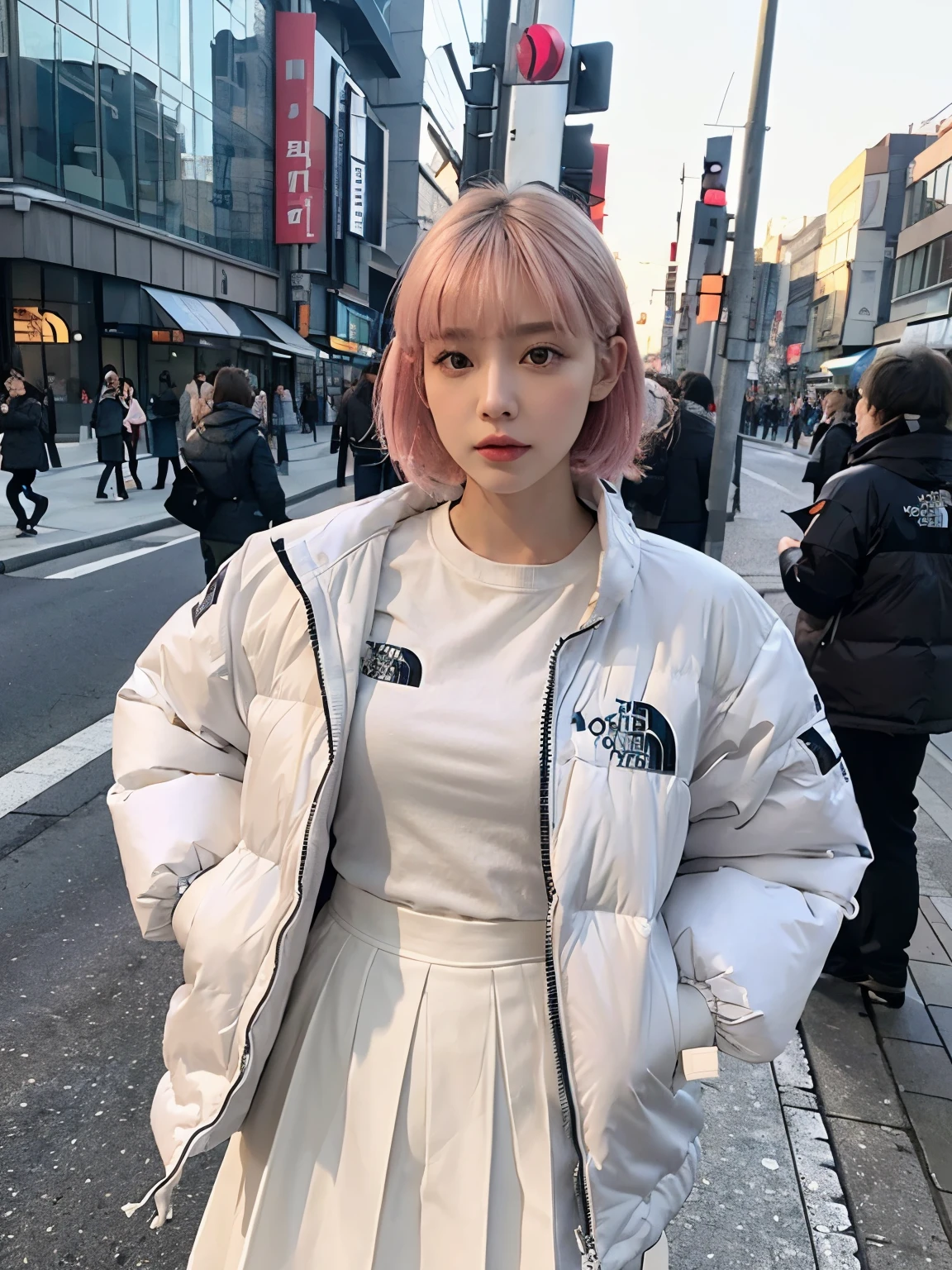 High quality, Ultra detailed, best quality, insanely detailed, beautiful, masterpiece//(((wearing THE NORTH FACE white Down jacket ))), wearing long white skirt,// Bewitching eyes, well-balanced eyes, //street snap // ((facing viewer)), //at the street in tokyo, //japanese lady, pale skin, //droopy eyes,//short pink hair, //((standing)), high quality:1.3, Professional lighting:2.0 realistic:1.2, 4k resolution, detailed skin, masterpiece:1.1