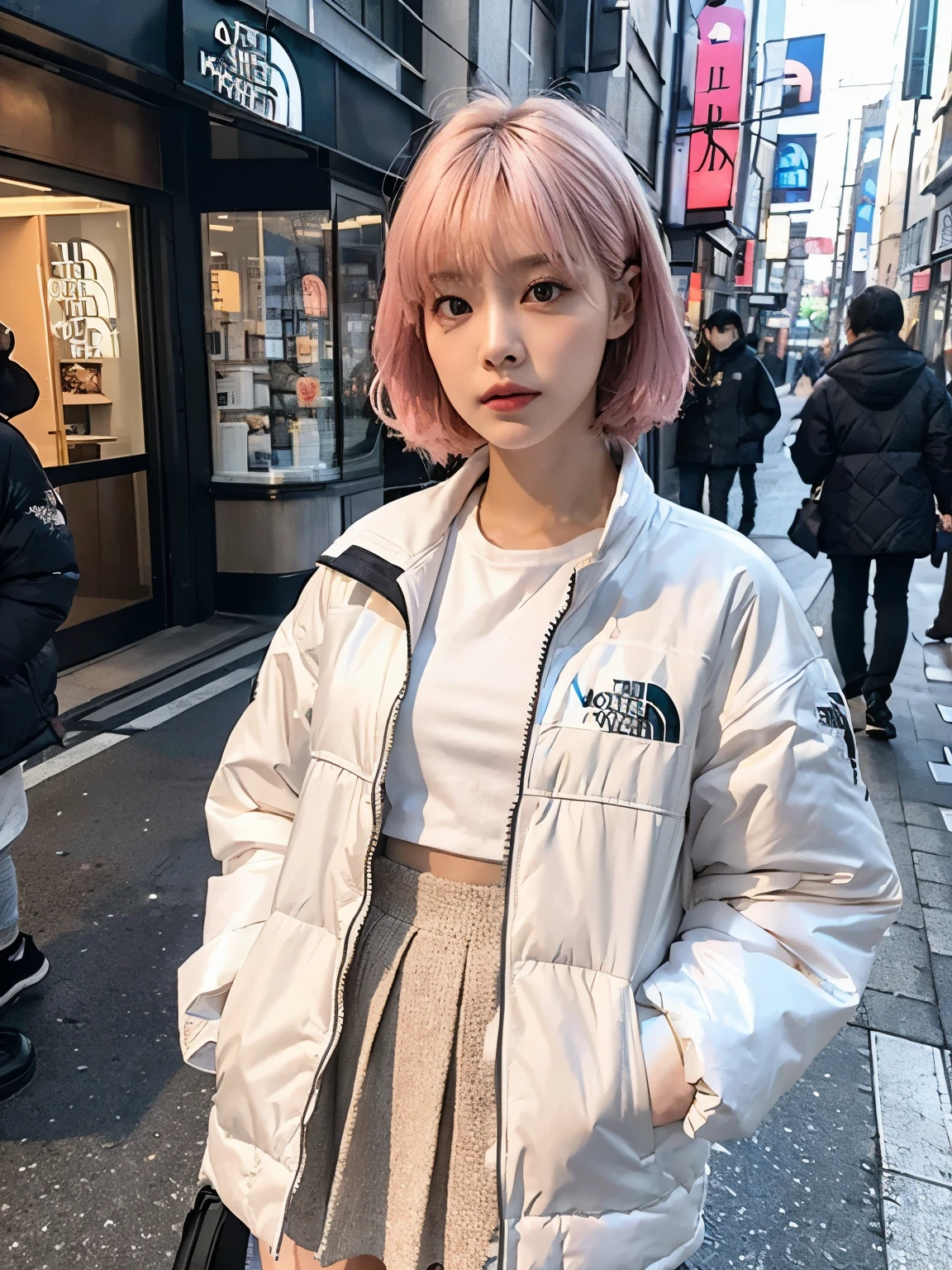 High quality, Ultra detailed, best quality, insanely detailed, beautiful, masterpiece//(((wearing THE NORTH FACE white Down jacket ))), wearing long white skirt,// Bewitching eyes, well-balanced eyes, //street snap // ((facing viewer)), //at the street in tokyo, //japanese lady, pale skin, //droopy eyes,//short pink hair, //((standing)), high quality:1.3, Professional lighting:2.0 realistic:1.2, 4k resolution, detailed skin, masterpiece:1.1