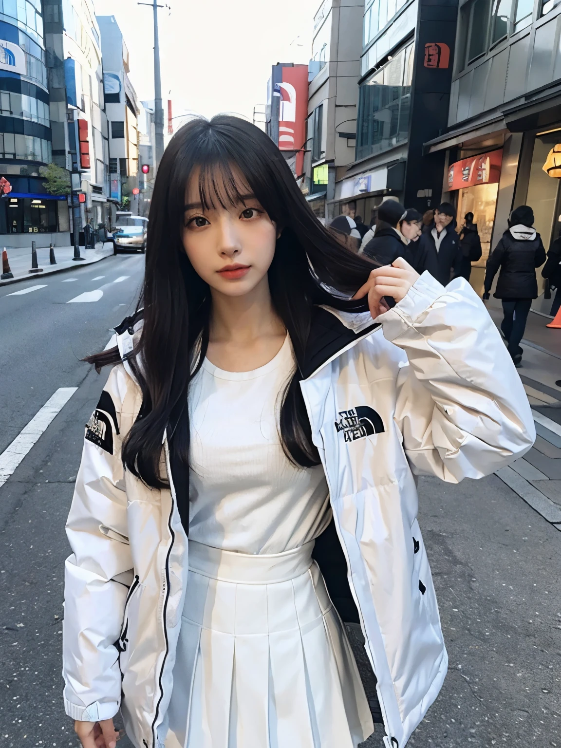 (((wearing THE NORTH FACE white Down jacket ))), wearing long white skirt,// Bewitching eyes, well-balanced eyes, //street snap // ((facing viewer)), //at the street in tokyo, //japanese lady, pale skin, //droopy eyes,//long hair, //((standing)), high quality:1.3, Professional lighting:2.0 realistic:1.2, 4k resolution, detailed skin, masterpiece:1.1