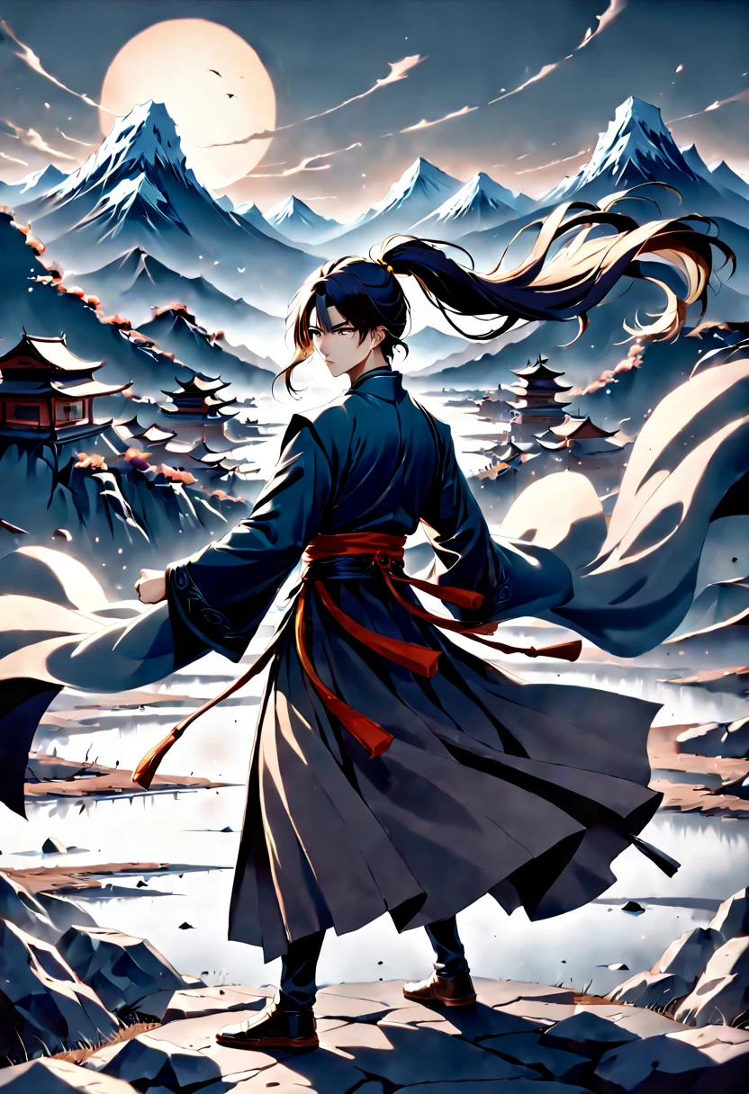 SFW, masterpiece, ground level shot, extreme long shot, highly detailed, best quality, scene of a emperor boy with long dark hair showcasing martial arts, 1boy, solo, fierce eyes, chinese clothes, long ponytail, long hair, black hanfu clothing, black hair, bangs, brown eyes, sash, flowing clothes, mountains landscape, fantasy theme, xianxia theme, cold color, key light, particles effect, fighting movement effect, ray tracing, depth of field, 8k,