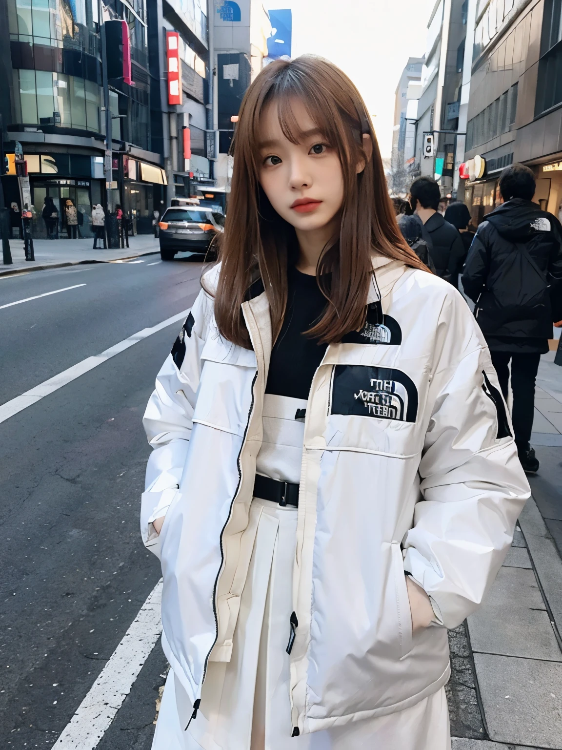 (((wearing THE NORTH FACE white Down jacket ))), wearing long white skirt,// Bewitching eyes, well-balanced eyes, //street snap // ((facing viewer)), //at the street in tokyo, //japanese lady, pale skin, //droopy eyes,//long orange hair, //((standing)), high quality:1.3, Professional lighting:2.0 realistic:1.2, 4k resolution, detailed skin, masterpiece:1.1