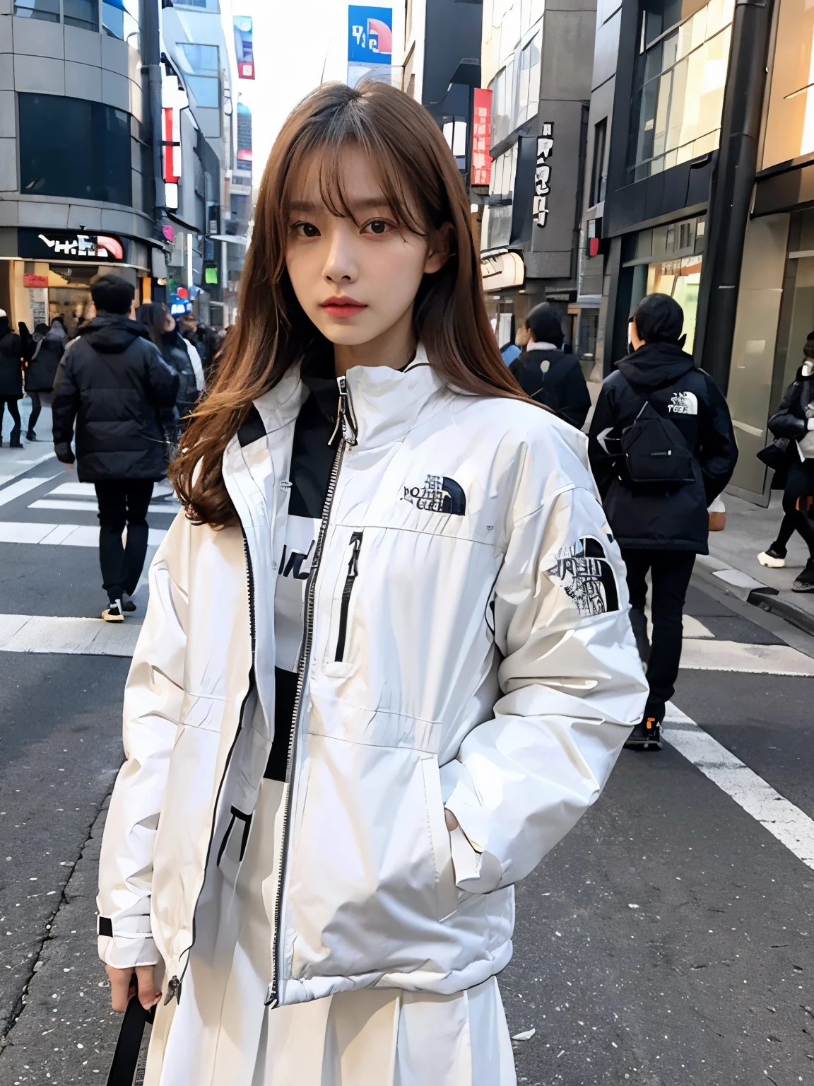 (((wearing THE NORTH FACE white Down jacket ))), wearing long white skirt,// Bewitching eyes, well-balanced eyes, //street snap // ((facing viewer)), //at the street in tokyo, //japanese lady, pale skin, //droopy eyes,//long orange hair, //((standing)), high quality:1.3, Professional lighting:2.0 realistic:1.2, 4k resolution, detailed skin, masterpiece:1.1