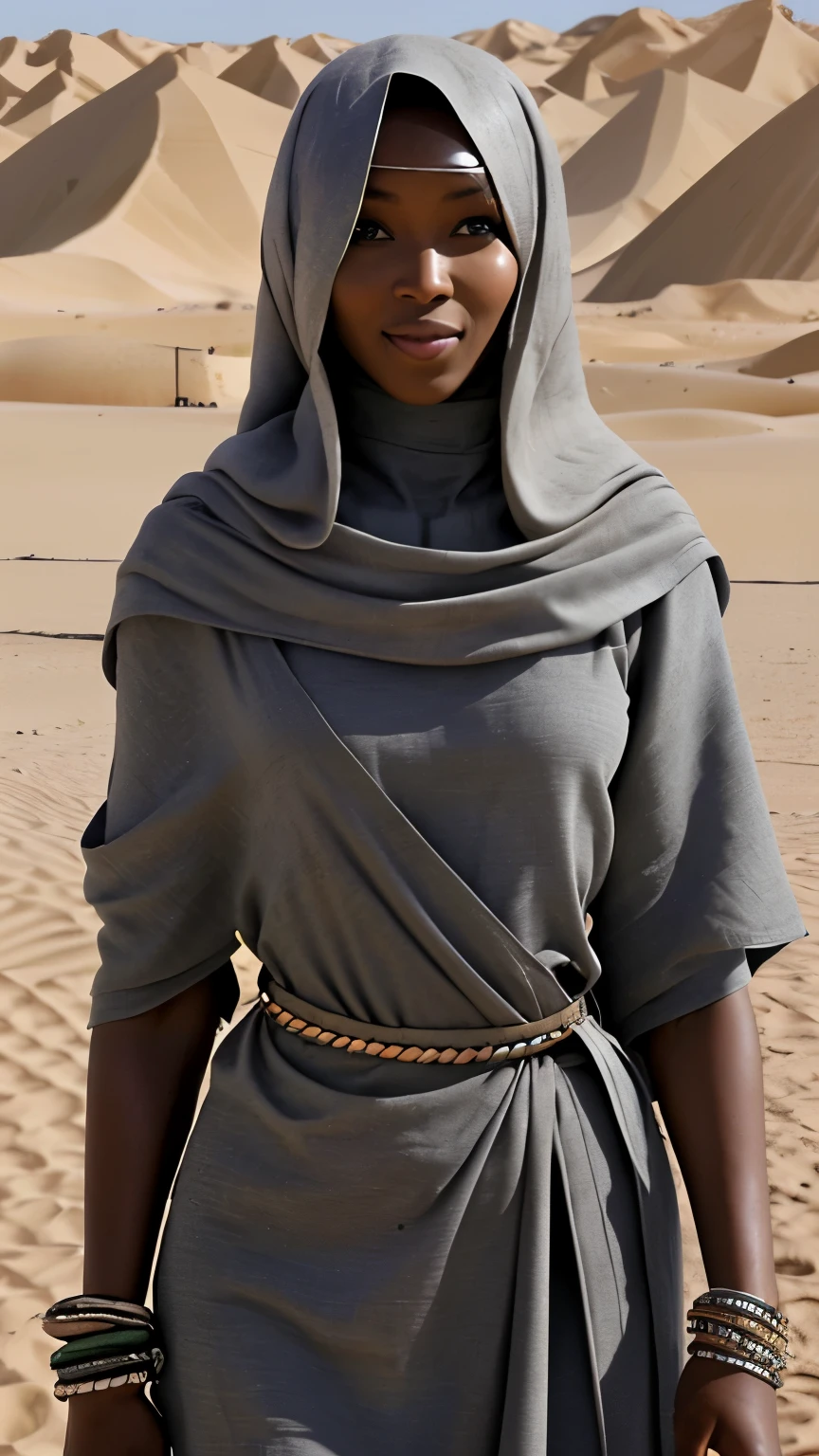 Foto hiperrealista en primer plano de Naomi Campbell, Create dystopian masterpieces. in a full cover bedouin costume (gray tunic) on the desert, beautiful woman, skinny, medium breasts, black long hair, detailed face, smile, facing the camera, photo taken from a distance, age of 14 years old