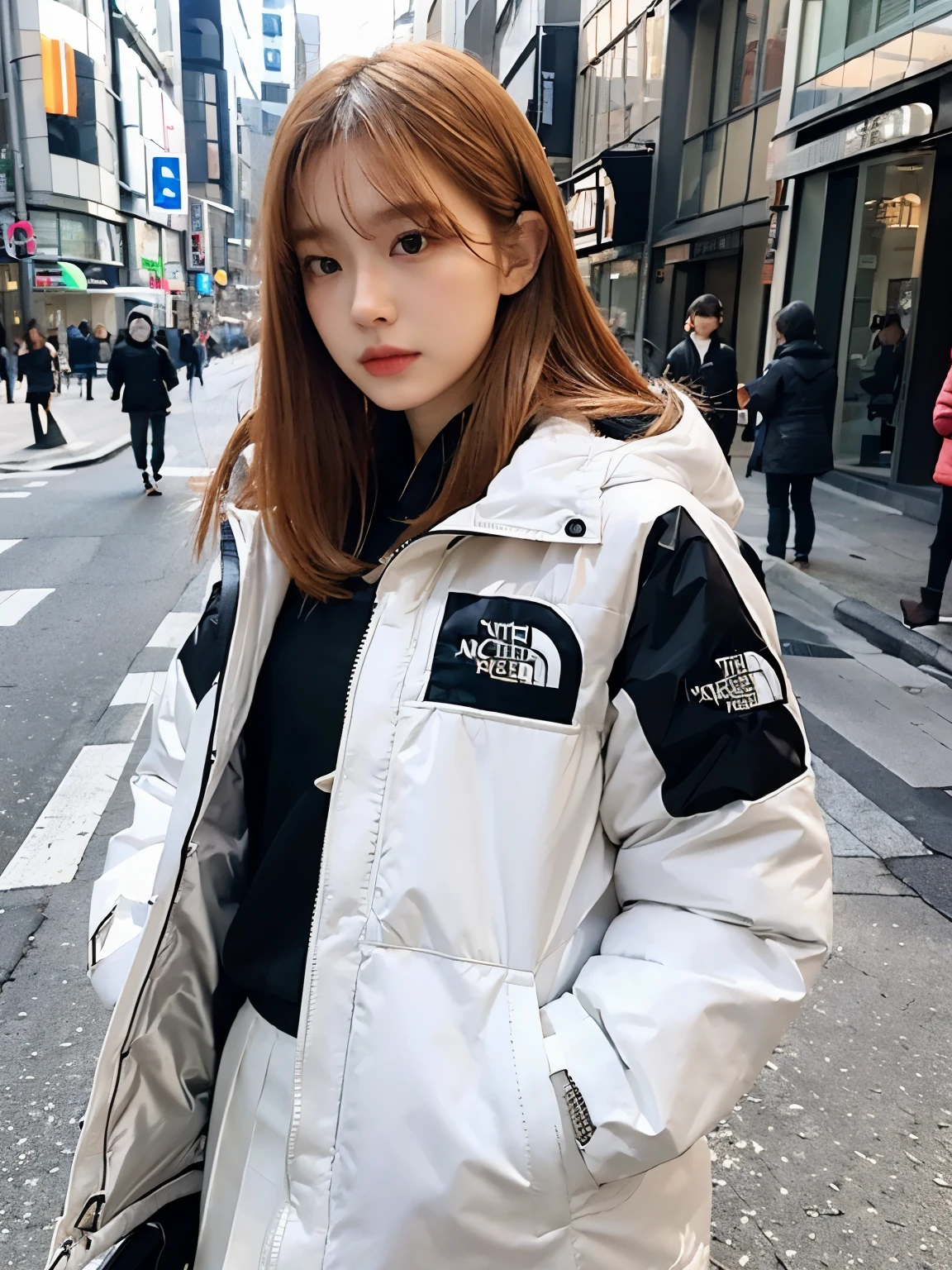(((wearing THE NORTH FACE white Down jacket ))), wearing long white skirt,// Bewitching eyes, well-balanced eyes, //street snap // ((facing viewer)), //at the street in tokyo, //japanese lady, pale skin, //droopy eyes,//long orange hair, //((standing)), high quality:1.3, Professional lighting:2.0 realistic:1.2, 4k resolution, detailed skin, masterpiece:1.1