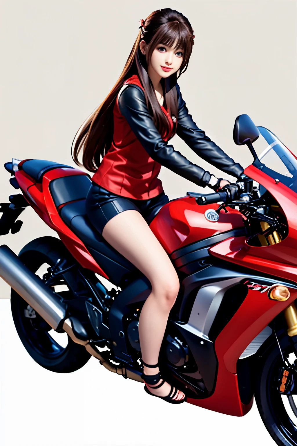 Japan  riding motorcycle,Happy!!!, , motorcycle,[ realistic pictures ]!!, High resolution,No sleeve、白いパンティが見えているarafed woman in red shirt sitting on a black motorcycle, person riding a bike, motorcycle, realistic artstyle, ultra detail. digital painting, sitting on cyberpunk motorbike, digital illustration style, airbrush render, realistic!!!!!!! art style, motorcycles, style digital painting, airbrush digital oil painting, in style of digital painting, close up shot, realistic picture