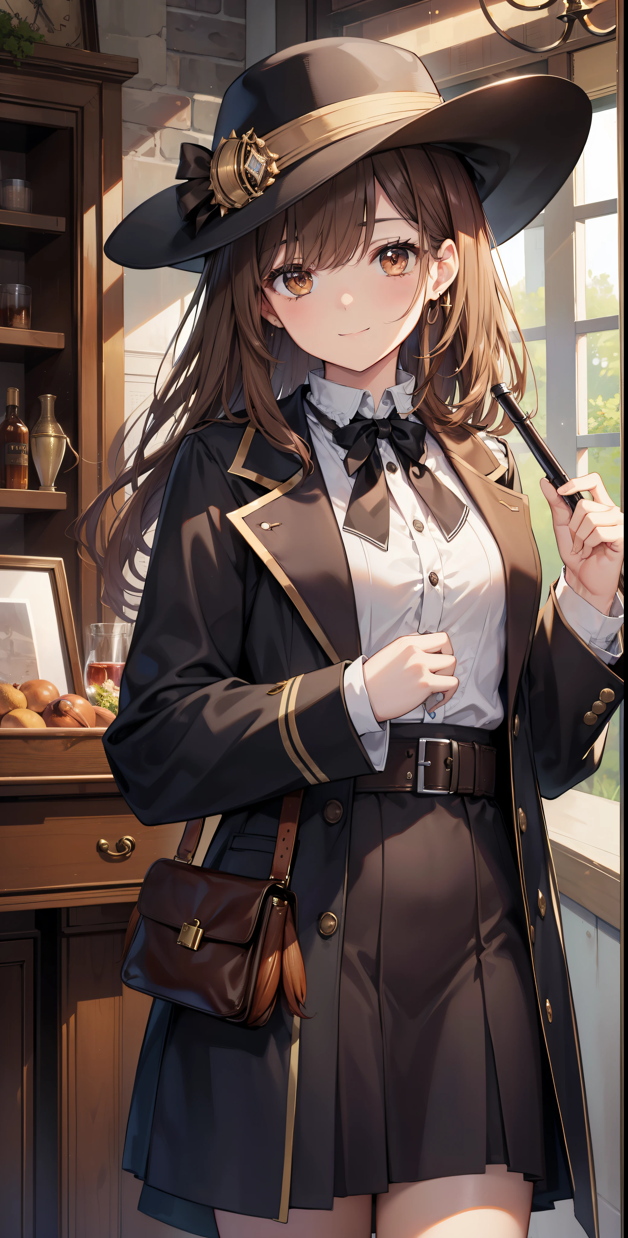 masterpiece, highest quality, High resolution, KR1, brown eyes, smile, Sherlock Holmes、Sherlock Holmesのイメージ、fringe、 small breasts, length, chestnut hair, cowboy shot,RPG detective、detective costume