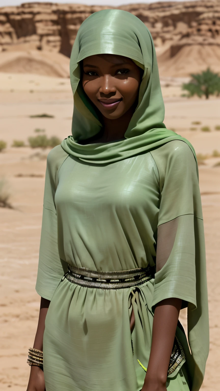 Foto hiperrealista en primer plano de Naomi Campbell, Create dystopian masterpieces. in a full cover bedouin costume (light green tunic) on the desert, beautiful woman, skinny, medium breasts, black long hair, detailed face, smile, facing the camera, photo taken from a distance, age of 14 years old