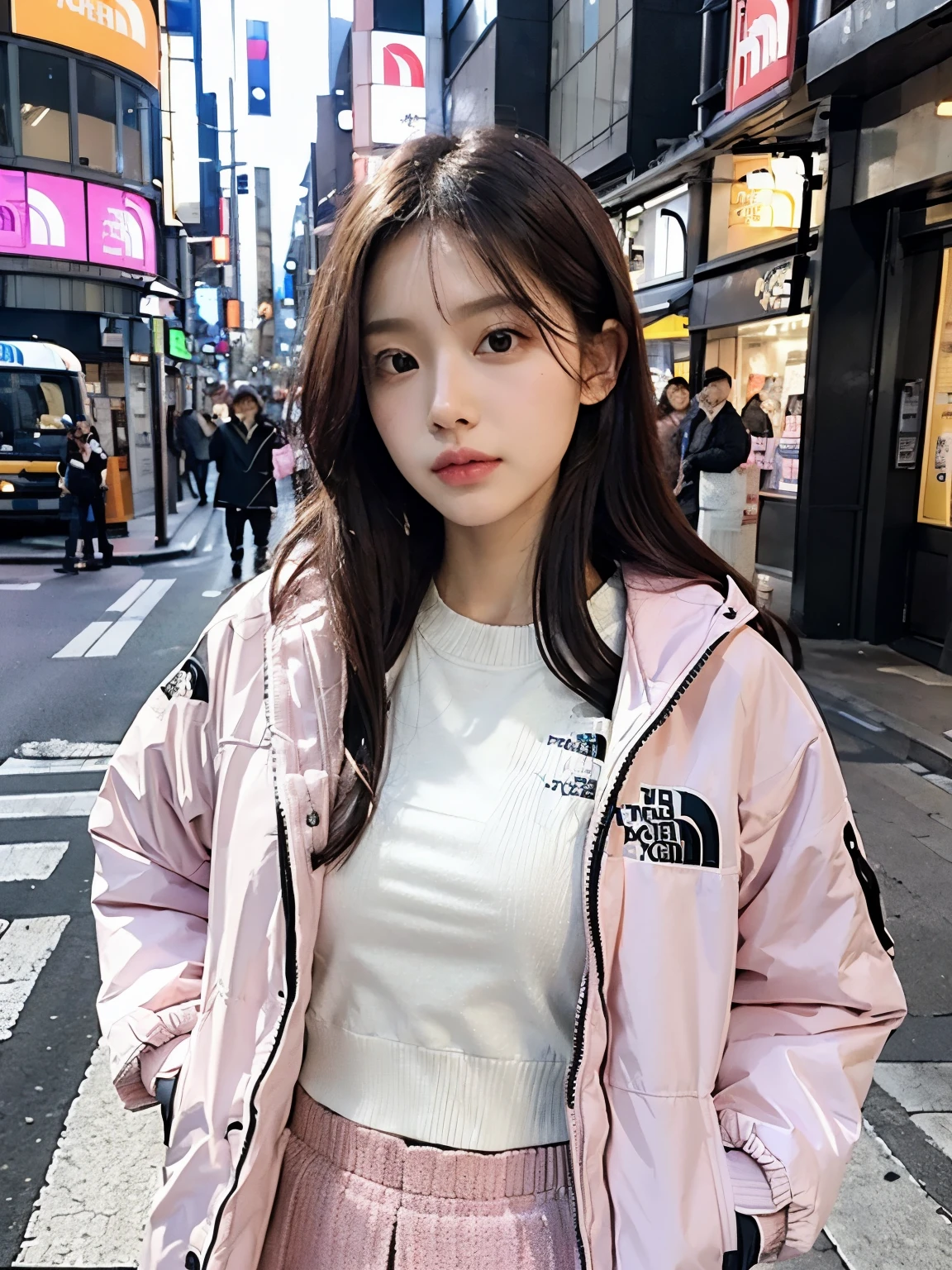 (((wearing THE NORTH FACE pink Down jacket ))), wearing long pink skirt,// Bewitching eyes, well-balanced eyes, //street snap // ((facing viewer)), //at the street in tokyo, //japanese lady, pale skin, //droopy eyes,//permanent wave hair, //((standing)), high quality:1.3, Professional lighting:2.0 realistic:1.2, 4k resolution, detailed skin, masterpiece:1.1