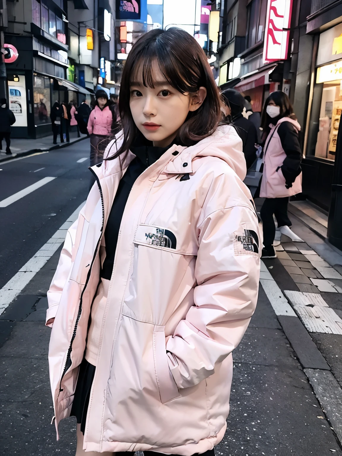 (((wearing THE NORTH FACE pink Down jacket ))), wearing long pink skirt,// Bewitching eyes, well-balanced eyes, //street snap // ((facing viewer)), //at the street in tokyo, //japanese lady, pale skin, //droopy eyes,//permanent wave hair, //((standing)), high quality:1.3, Professional lighting:2.0 realistic:1.2, 4k resolution, detailed skin, masterpiece:1.1