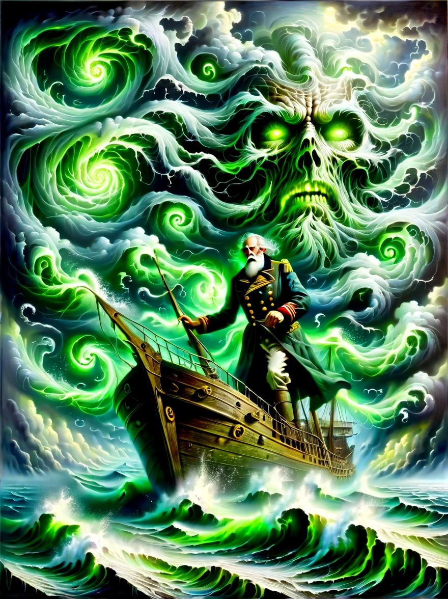 A detailed oil painting,((Depicts an old captain steering his ship through a storm))。Salt water splashed on his weathered face,His eyes are full of determination。((Above, swirling malevolent clouds can be seen)),Rough waves threaten to swamp ships,while seagulls dive and swirl among the chaotic landscape。Thunder and lights are heard in the distance,(illuminates the scene with an eerie green glow)。