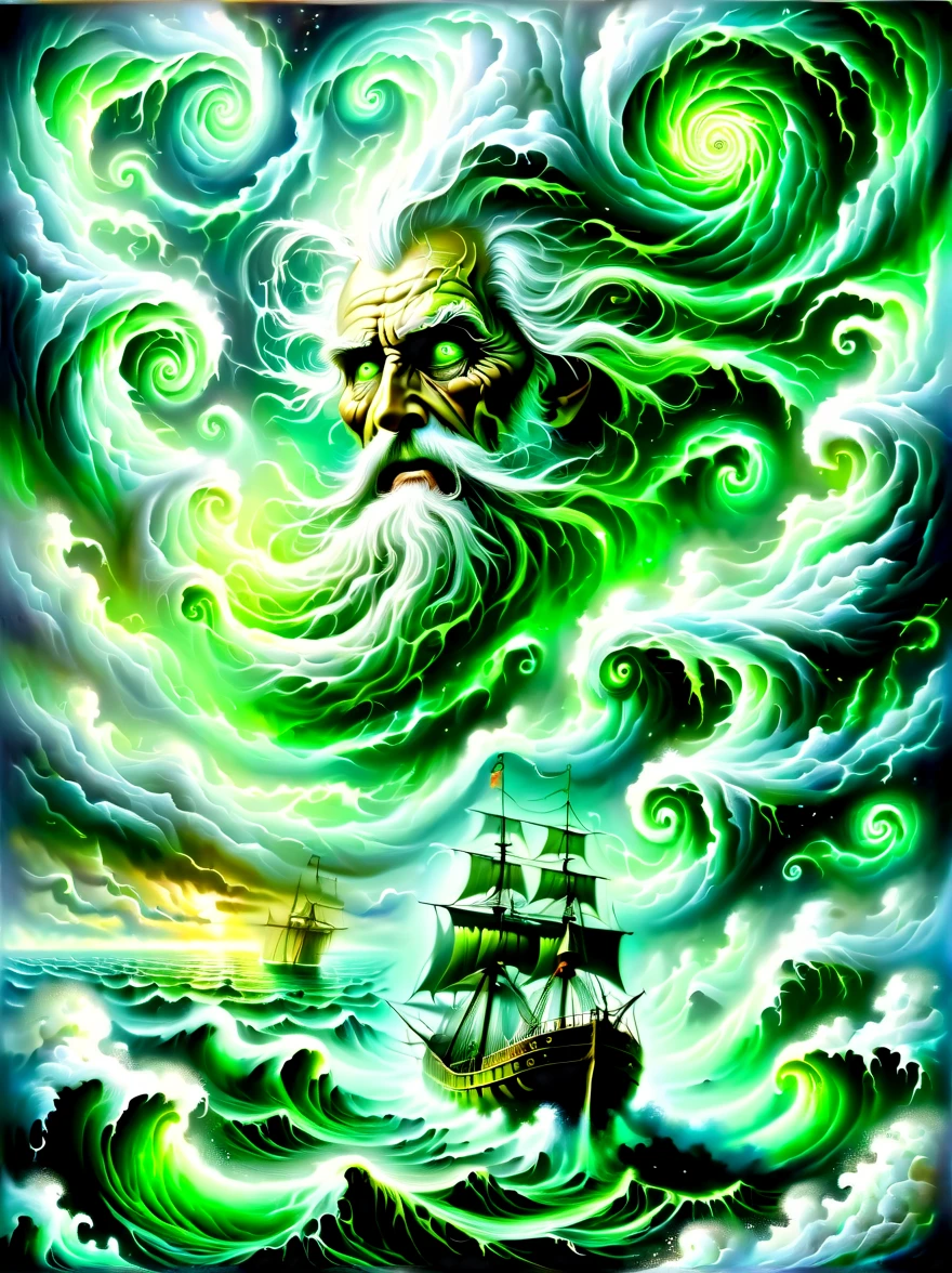 A detailed oil painting，((Depicts an old captain steering his ship through a storm))。Salt water splashed on his weathered face，His eyes are full of determination。((Above, swirling malevolent clouds can be seen))，Rough waves threaten to swamp ships，while seagulls dive and swirl among the chaotic landscape。Thunder and lights are heard in the distance，(illuminates the scene with an eerie green glow)。