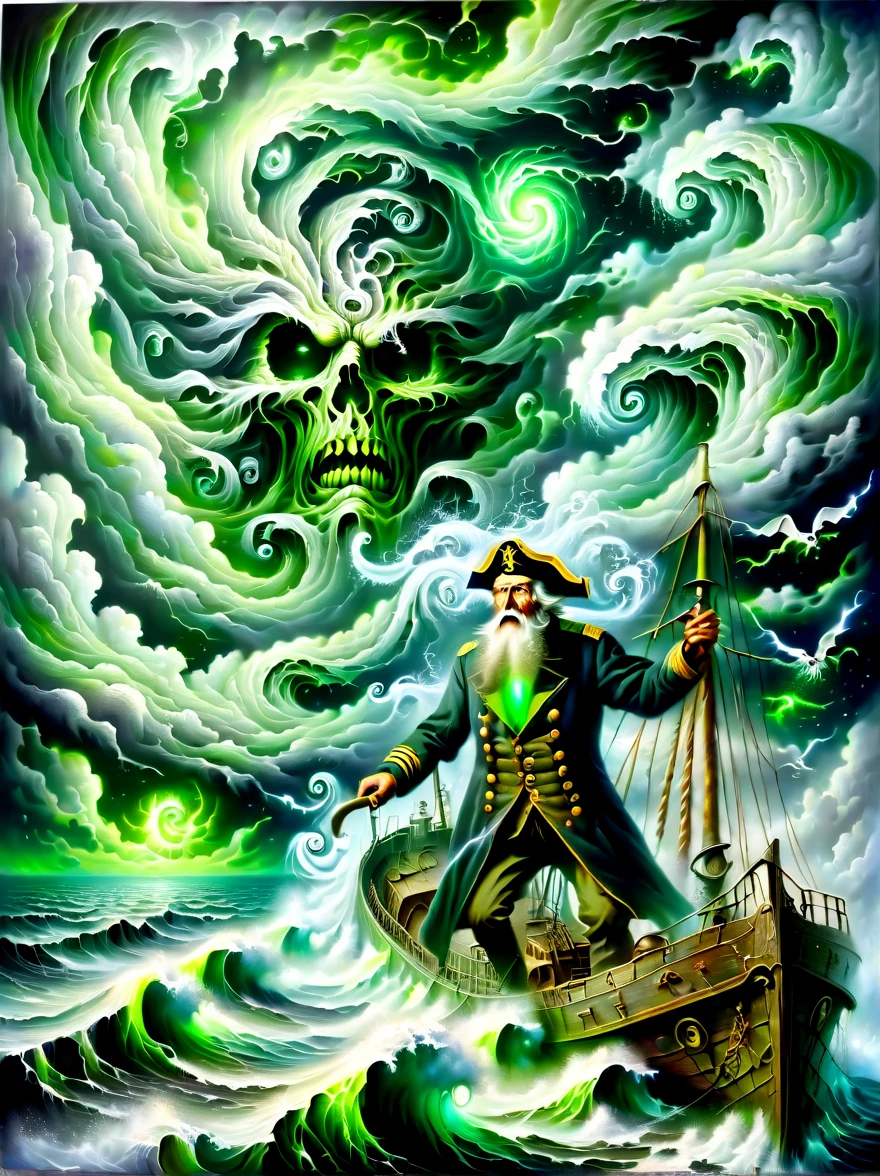 A detailed oil painting,((Depicts an old captain steering his ship through a storm))。Salt water splashed on his weathered face,His eyes are full of determination。((Above, swirling malevolent clouds can be seen)),Rough waves threaten to swamp ships,while seagulls dive and swirl among the chaotic landscape。Thunder and lights are heard in the distance,(illuminates the scene with an eerie green glow)。