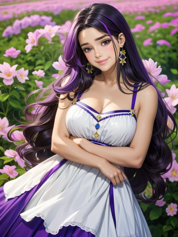 Hermosa Venus de cabello morado ondulado manos abierta sonriendo vestido de campesina en campo de flores 