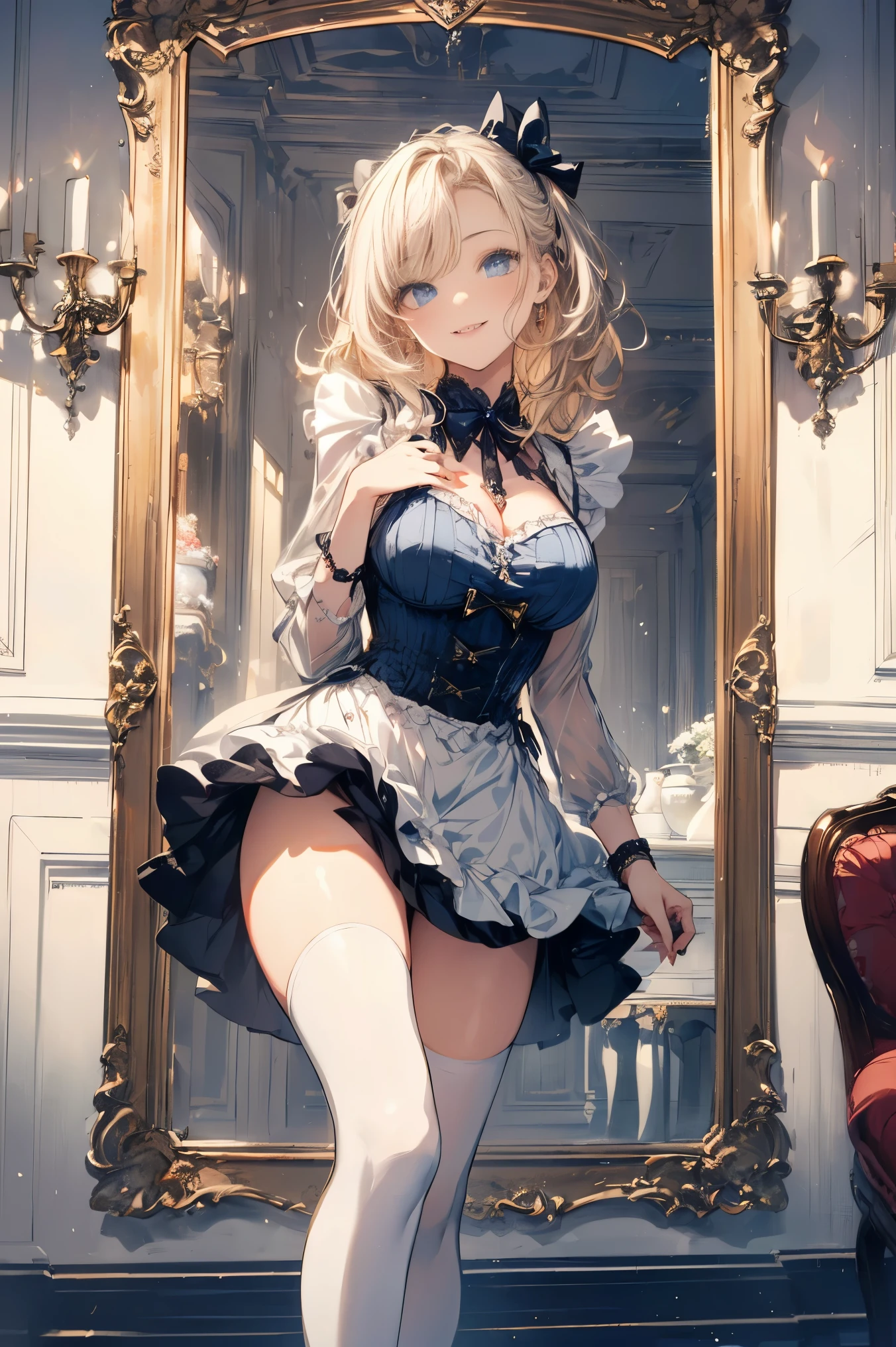 (skirt lift:1.4), nsfw, best quality, masterpiece, super fine illustration, high quality illustrations, beautiful artwork, detailed skin, detailed face, detailed eyes, 1girl, solo, skinny, princess,standing, white panties, blunt bangs, blonde hair, blue eyes, blush, curly hair, wavy hair, long hair, silver tiara, very long hair, smile, white garter belt, white garter straps, indoors, princess dress, juliet sleeves, long sleeves, looking at viewer, puffy long sleeves, puffy sleeves, see-through, skirt, white thigh highs, window, curtains, open clothes, (from front:1.4),